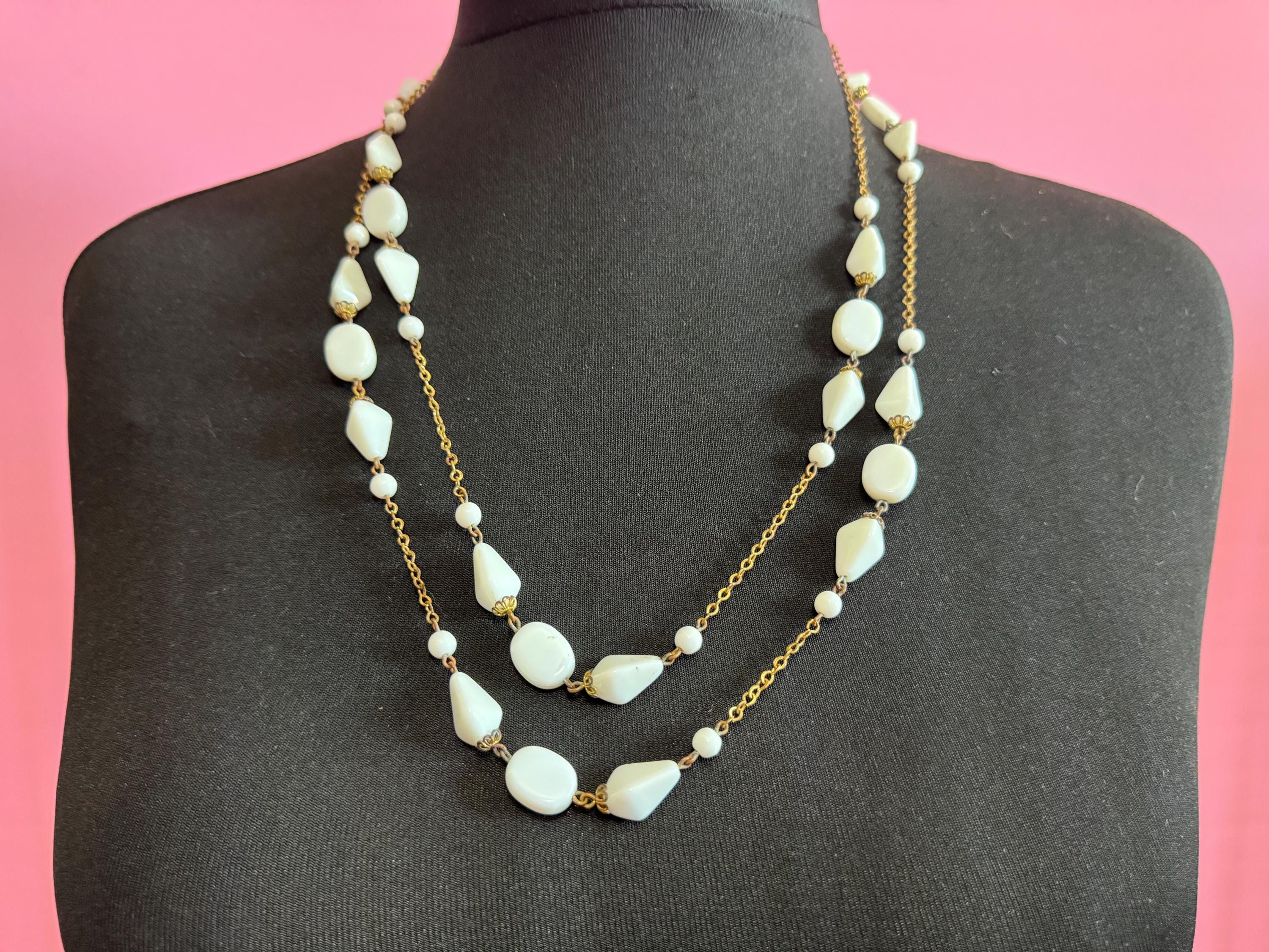 Vintage 2 row White milk glass abstract beaded layering gold chain link necklace