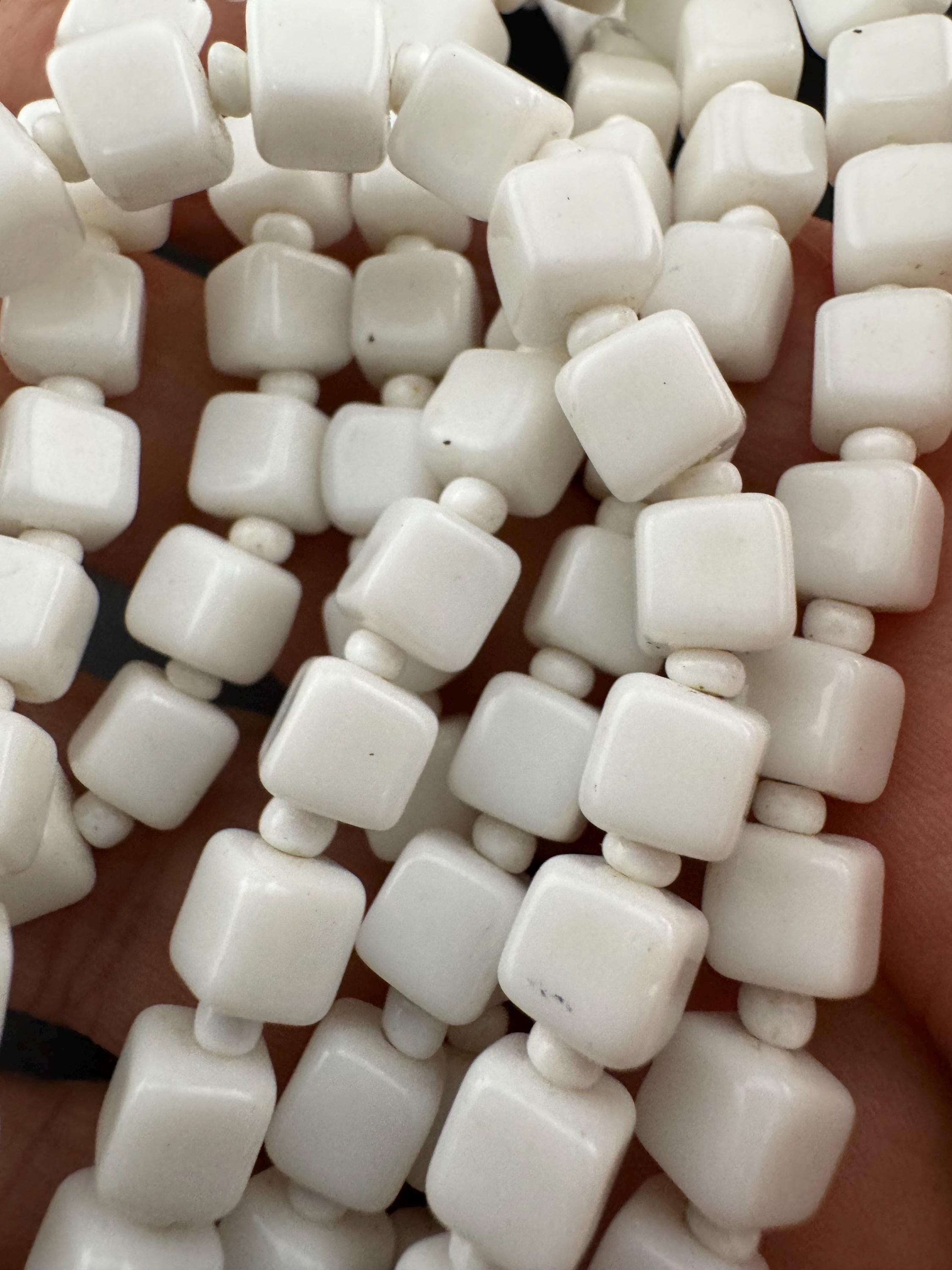 Vintage 2 row White milk glass square beaded layering collar necklace