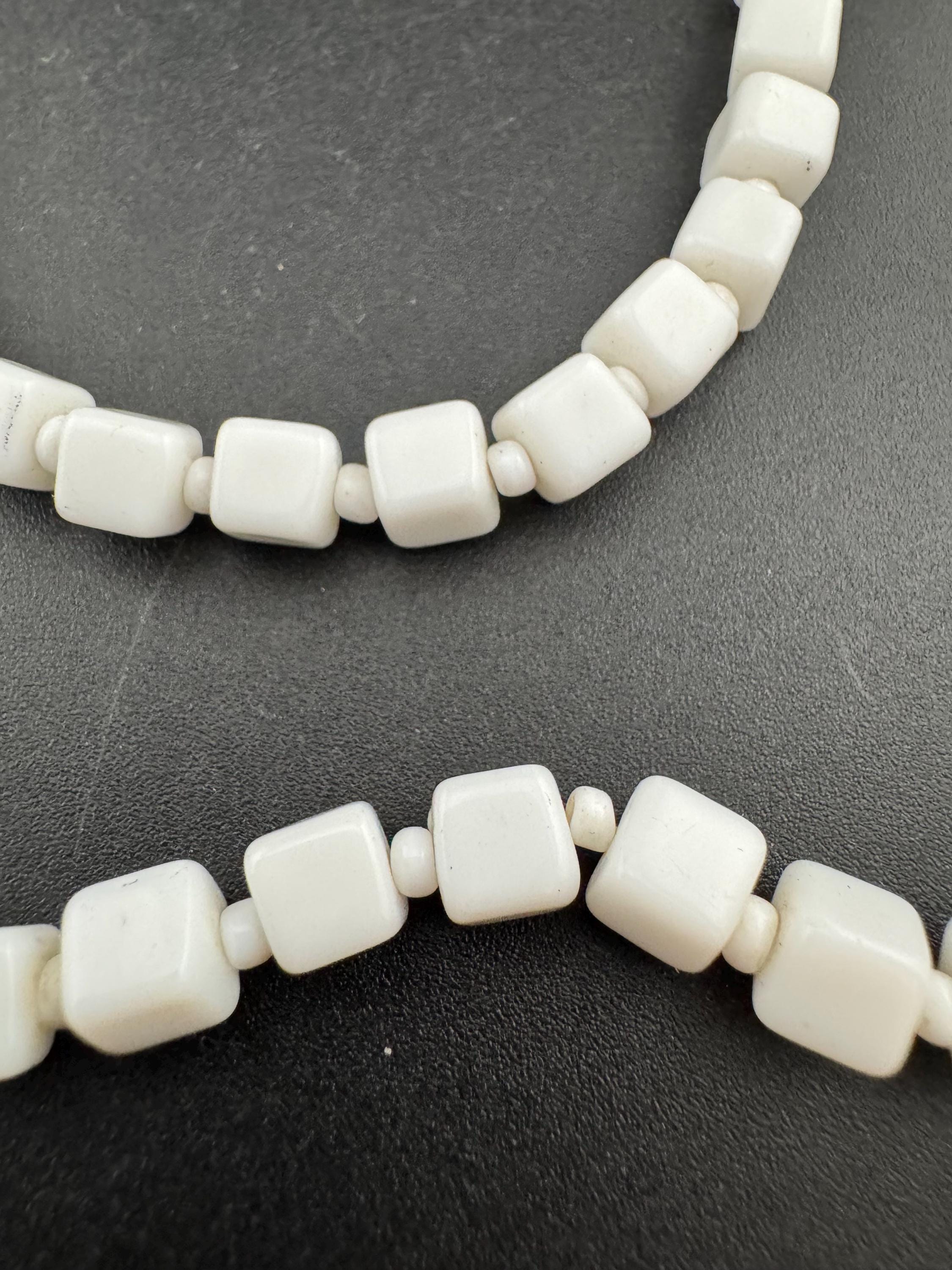 Vintage 2 row White milk glass square beaded layering collar necklace