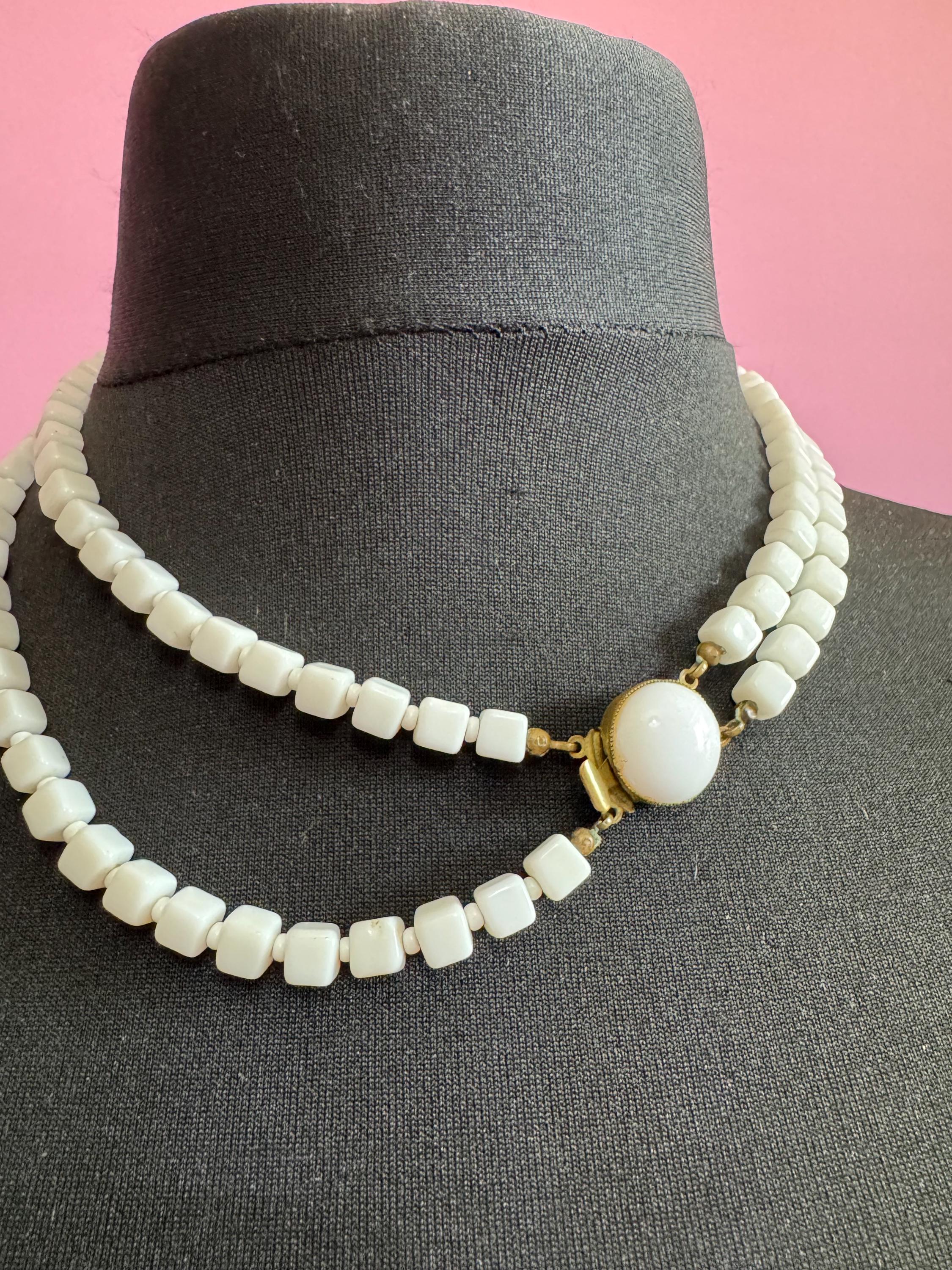 Vintage 2 row White milk glass square beaded layering collar necklace