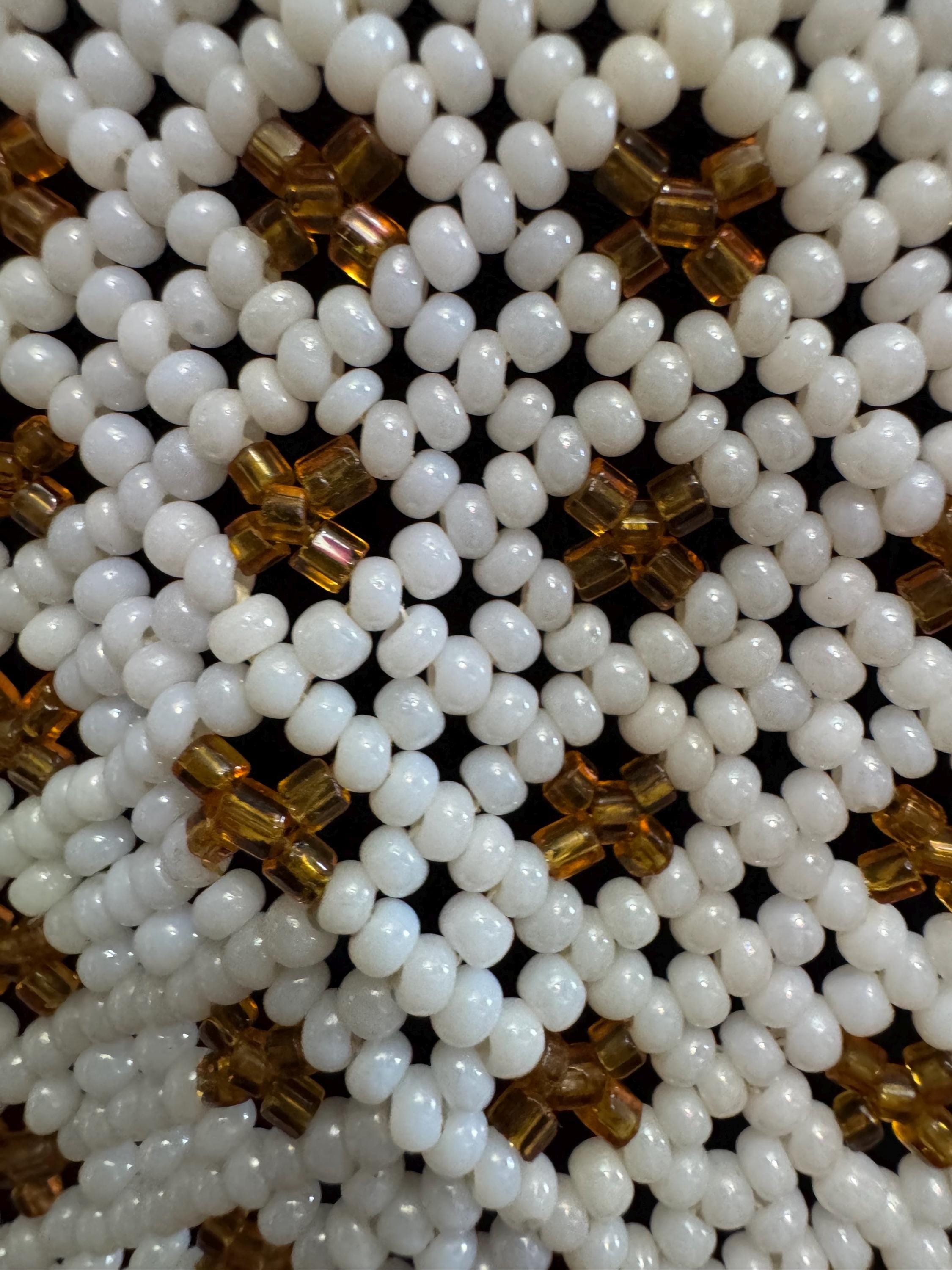 Stunning Vintage white pearlised and gold glass seed bead long pendant necklace art deco style