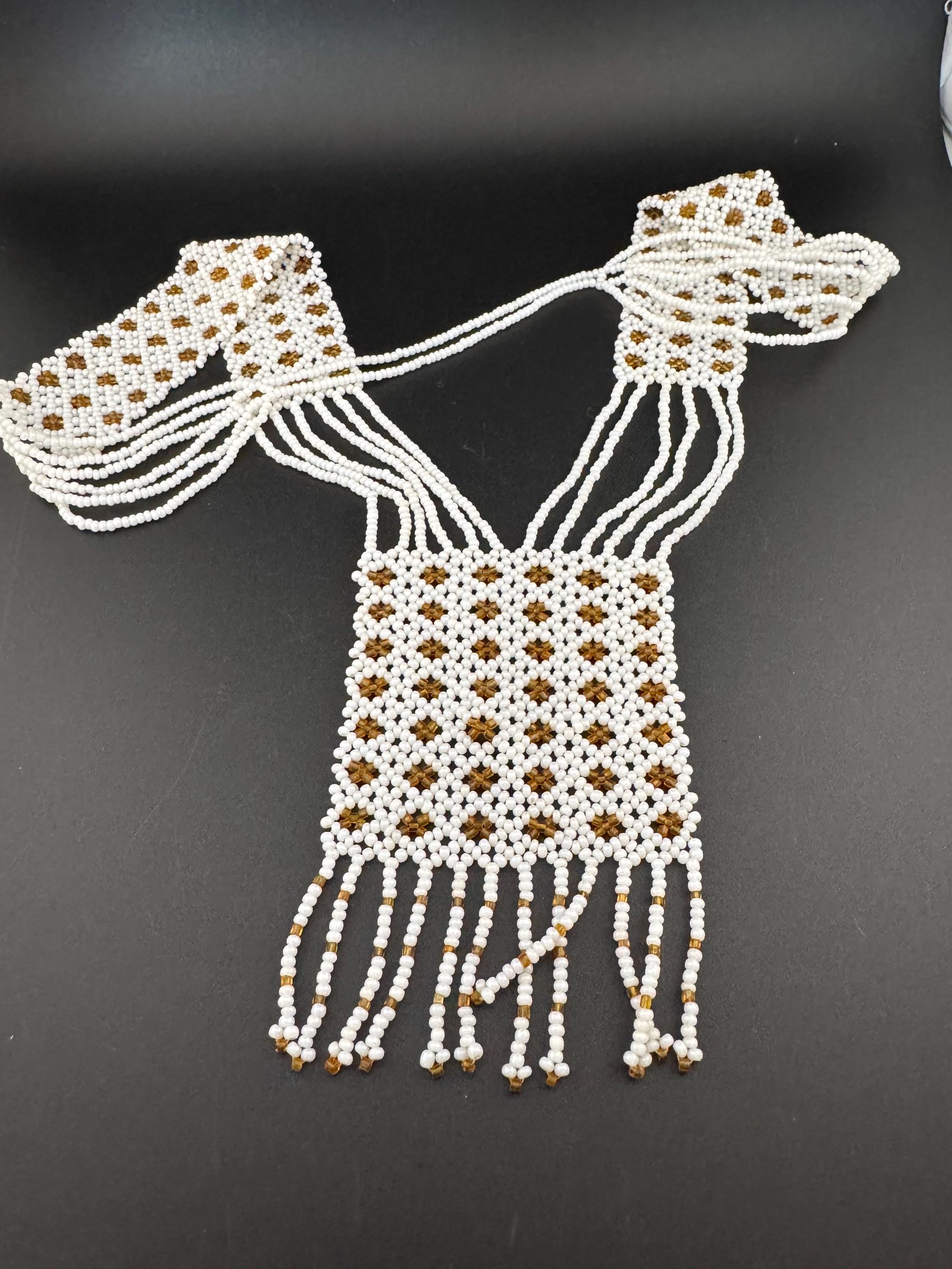 Stunning Vintage white pearlised and gold glass seed bead long pendant necklace art deco style