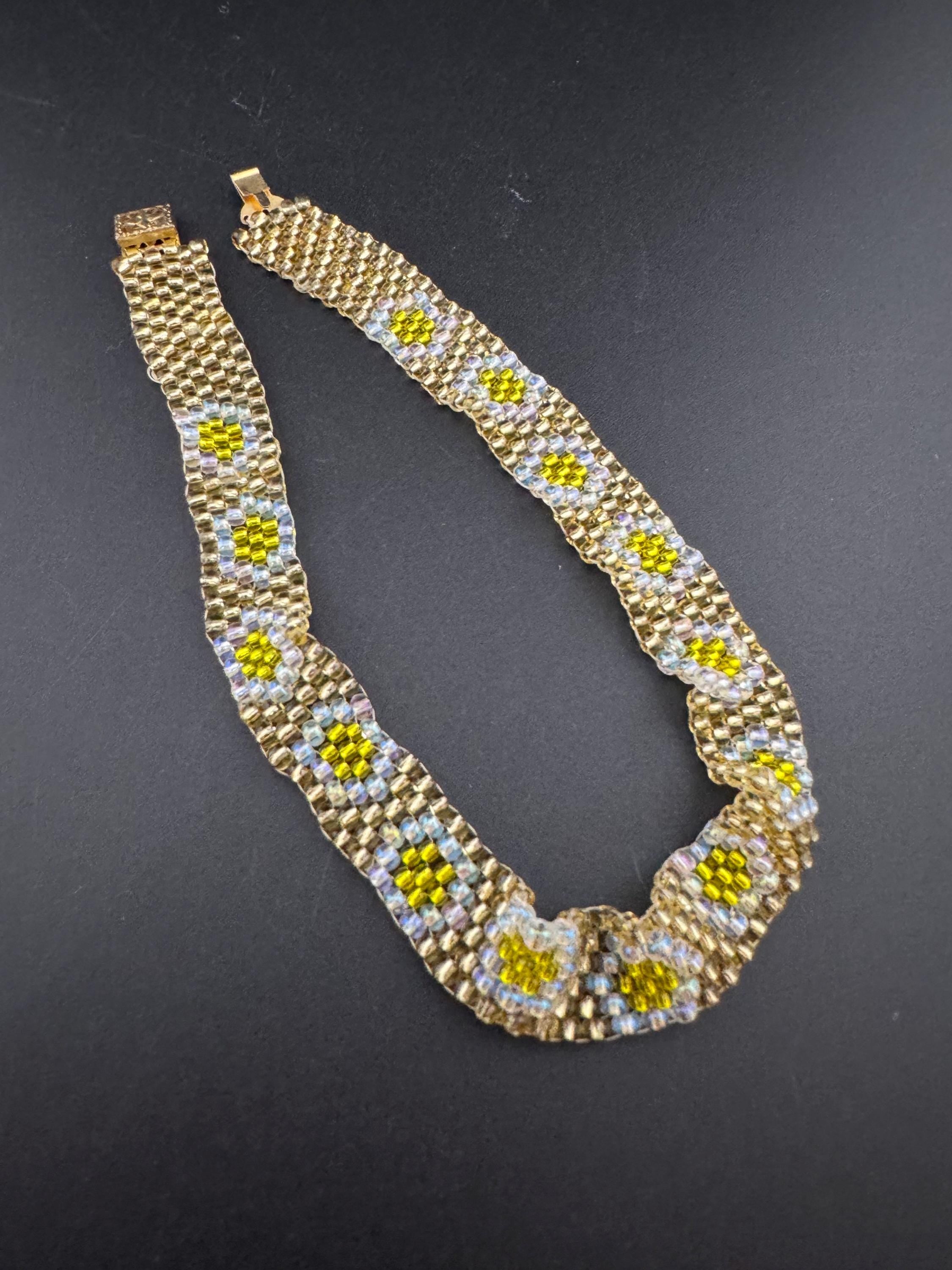 Petite 33cm very slim neck Vintage yellow daisy woven seed beaded choker necklace