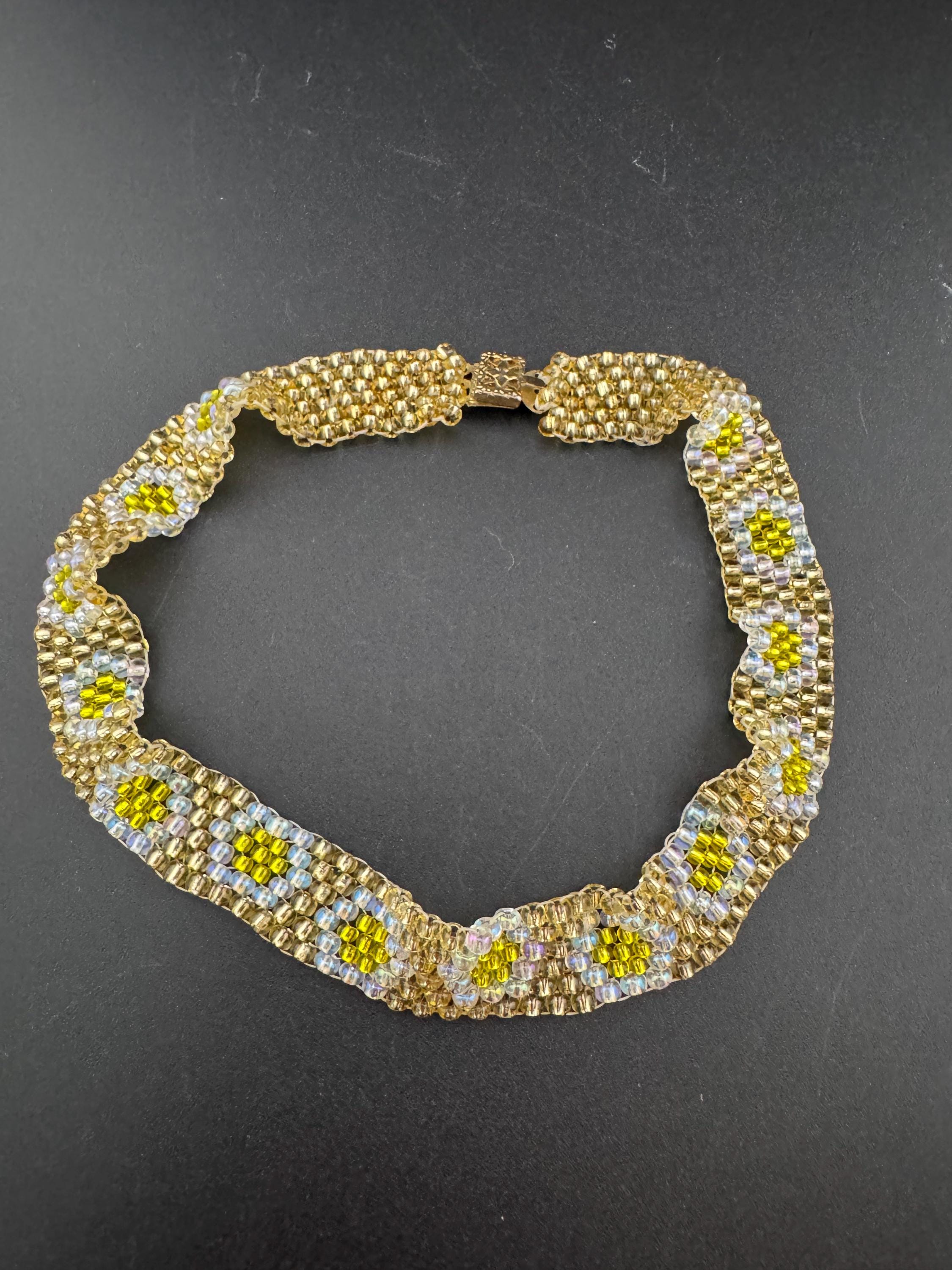 Petite 33cm very slim neck Vintage yellow daisy woven seed beaded choker necklace