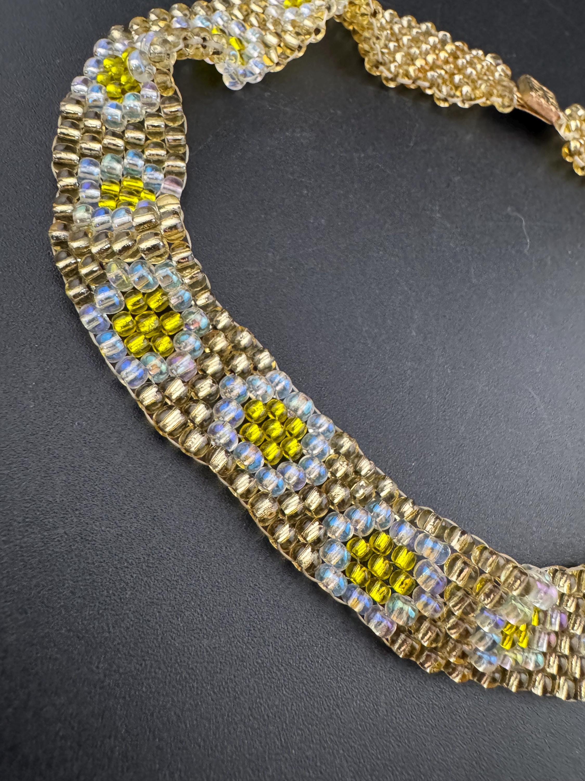 Petite 33cm very slim neck Vintage yellow daisy woven seed beaded choker necklace