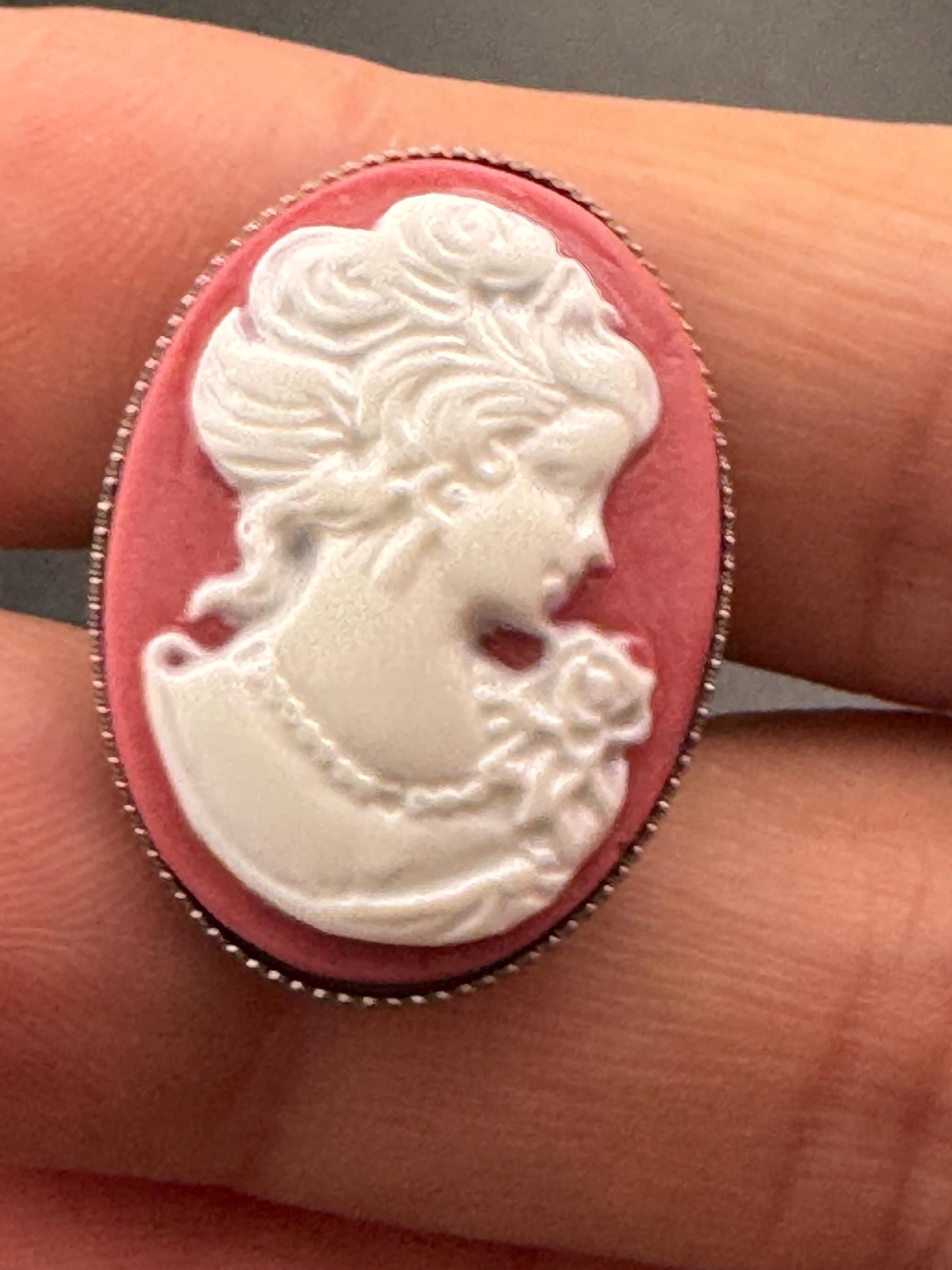 Antique style terracotta red brown  resin cameo lady ring adjustable non tarnish stainless steel