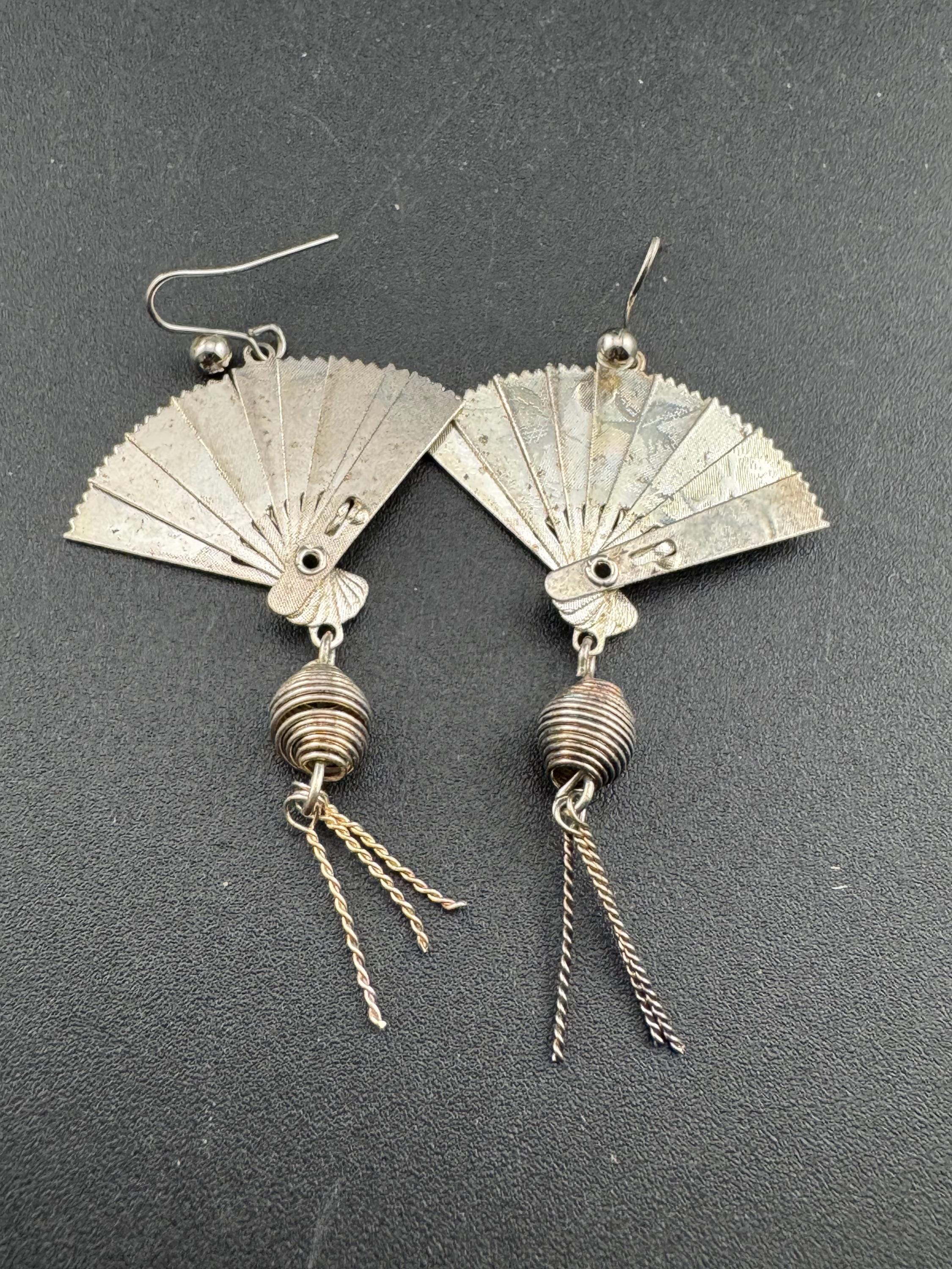 True vintage silver plated opening closing fan earrings 1980s retro  Chinese danglys
