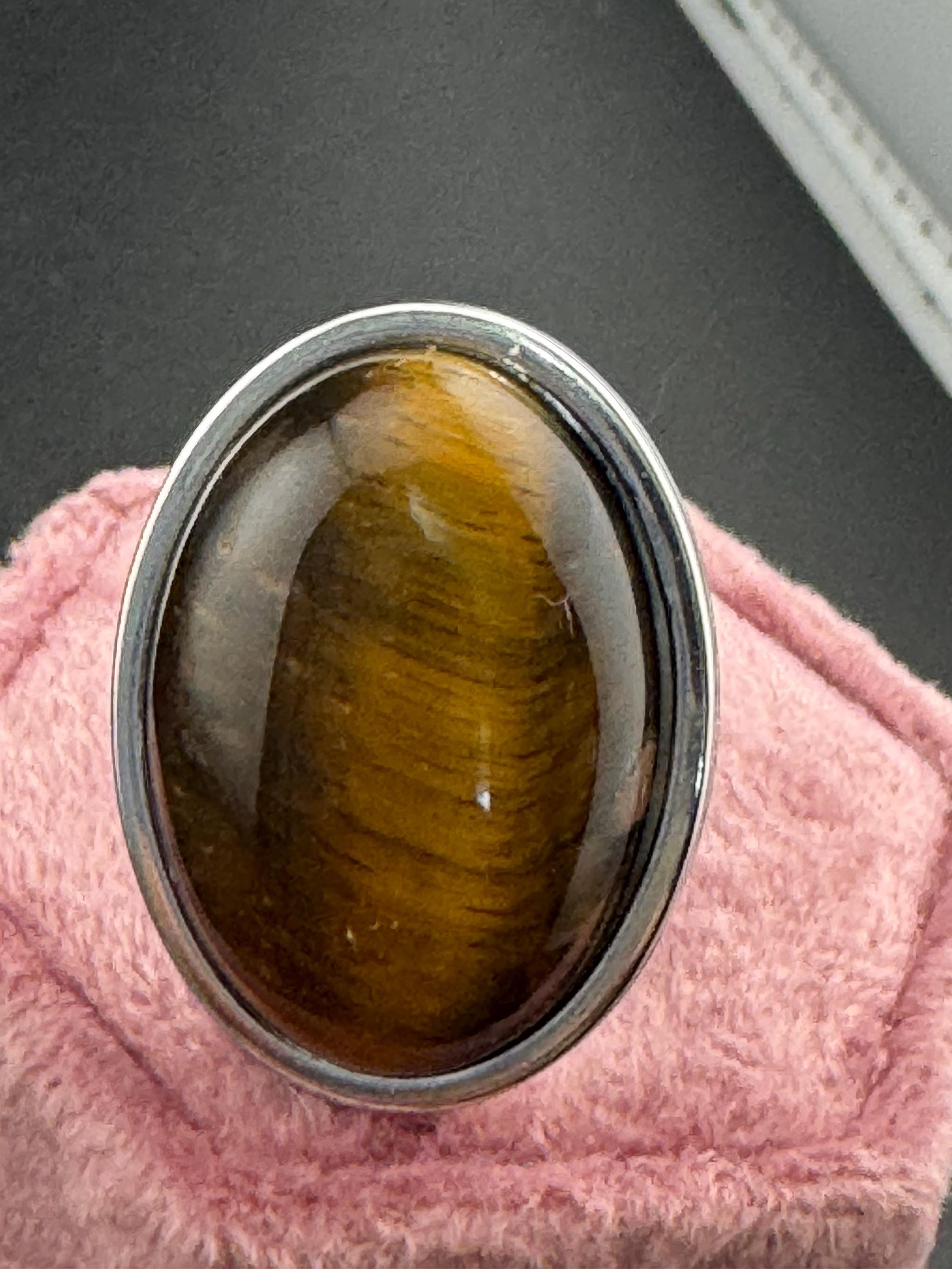 Oversized Oval Tigers Eye Ring: Adjustable Stainless Steel