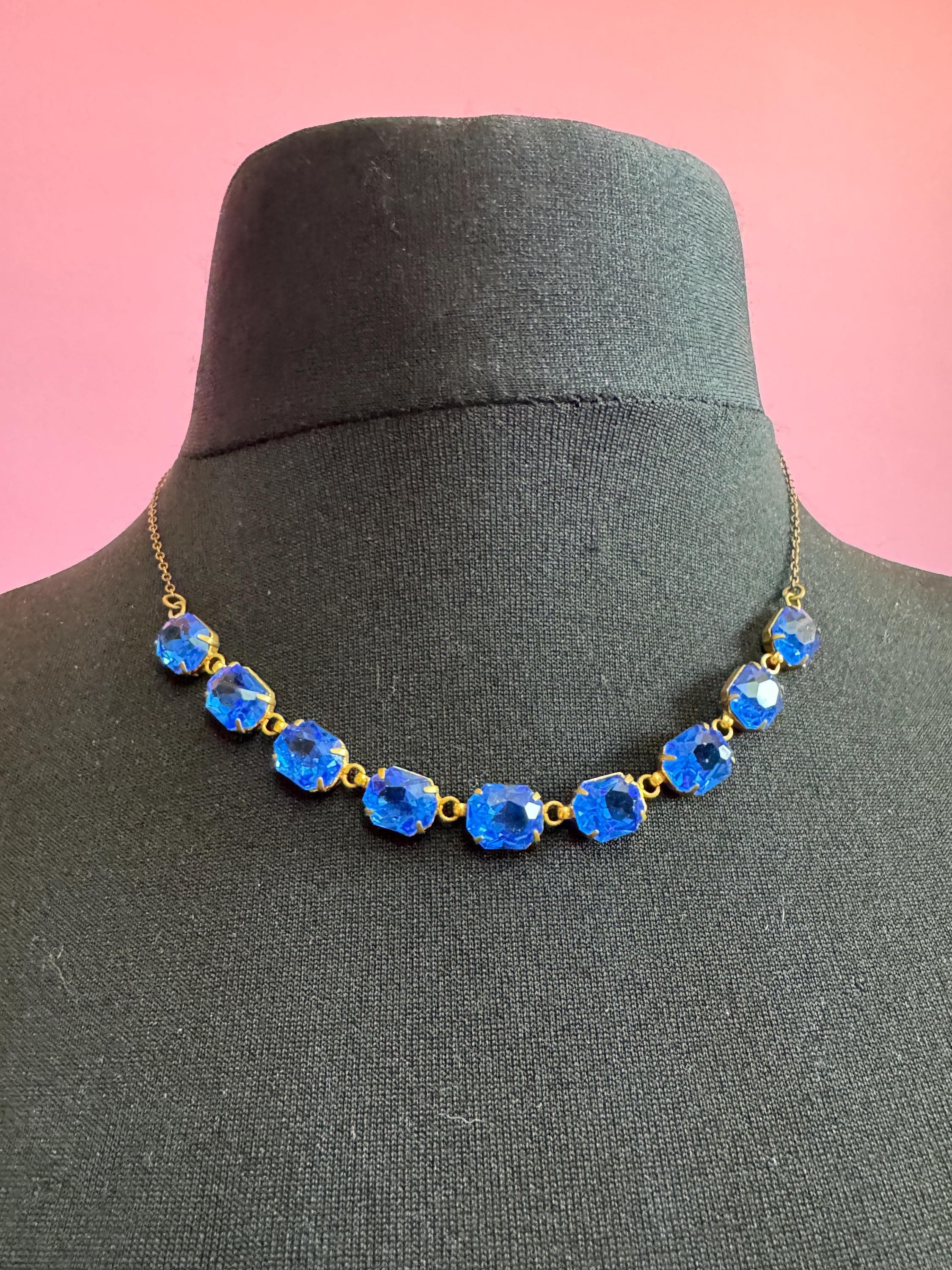 Art Deco Czech Open Back sapphire blue Crystal Gold tone bezel Necklace