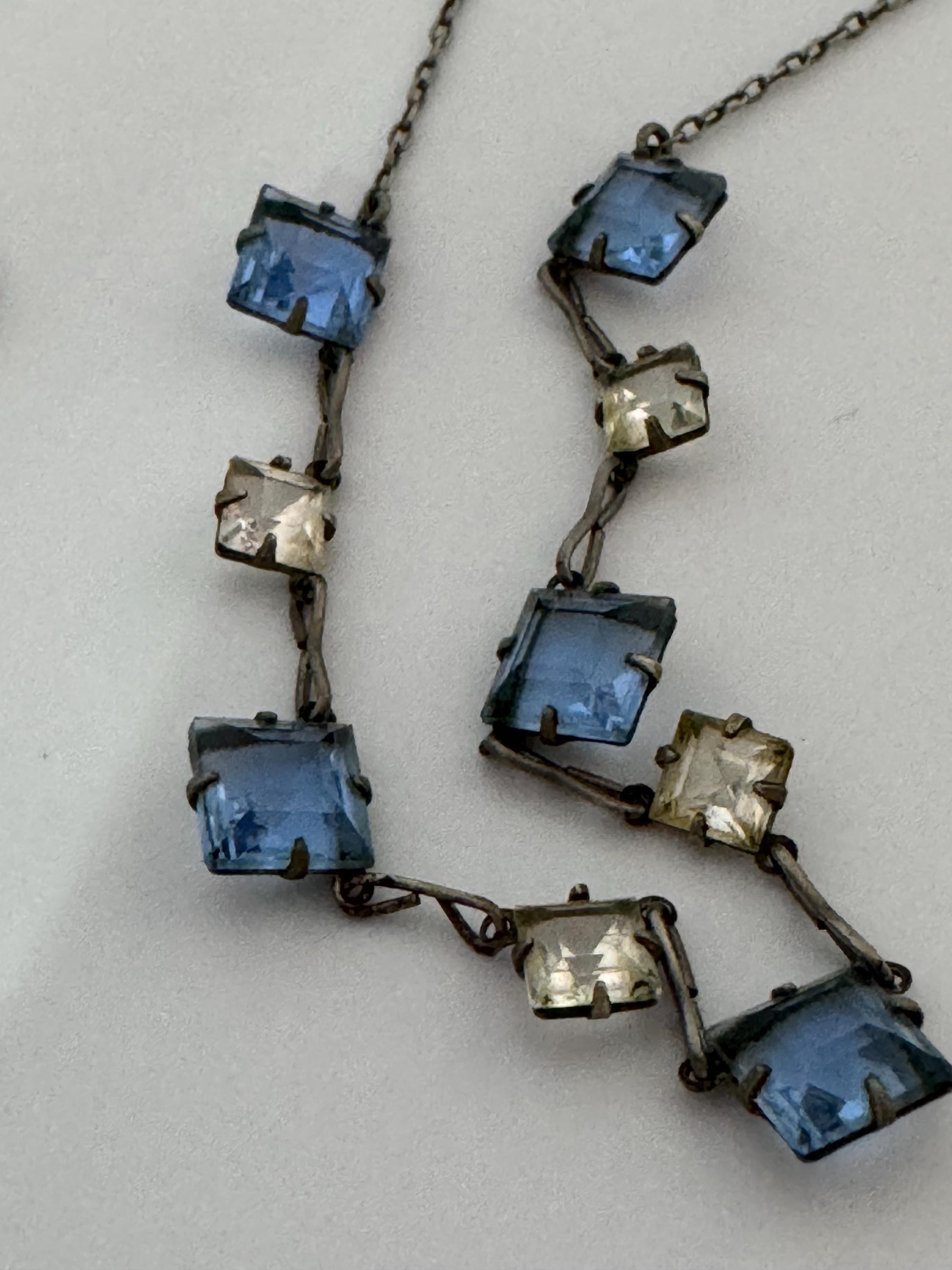 Art Deco Czech Open Back crystal blue clear square necklace silvertone 41cm