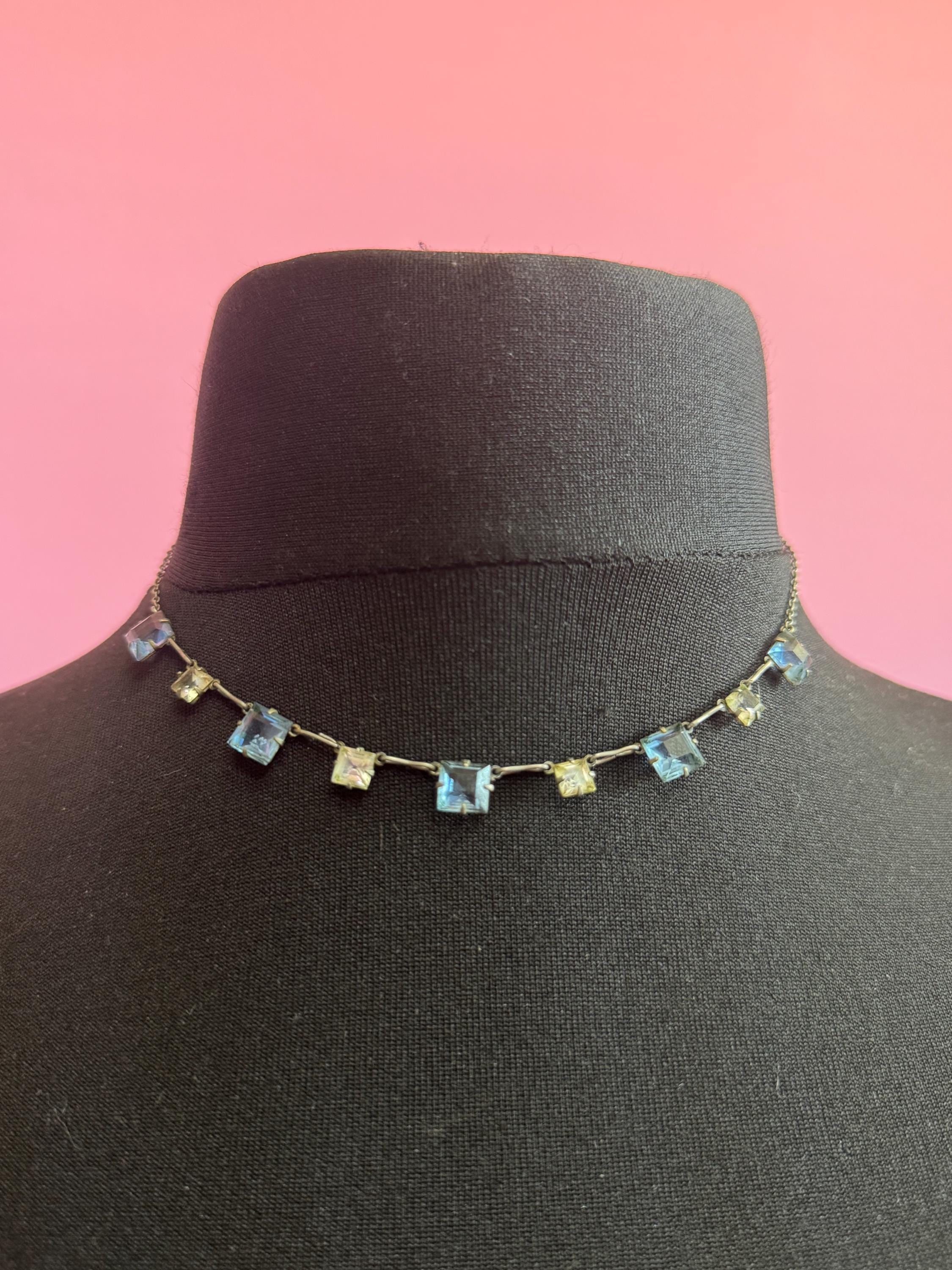 Art Deco Czech Open Back crystal blue clear square necklace silvertone 41cm