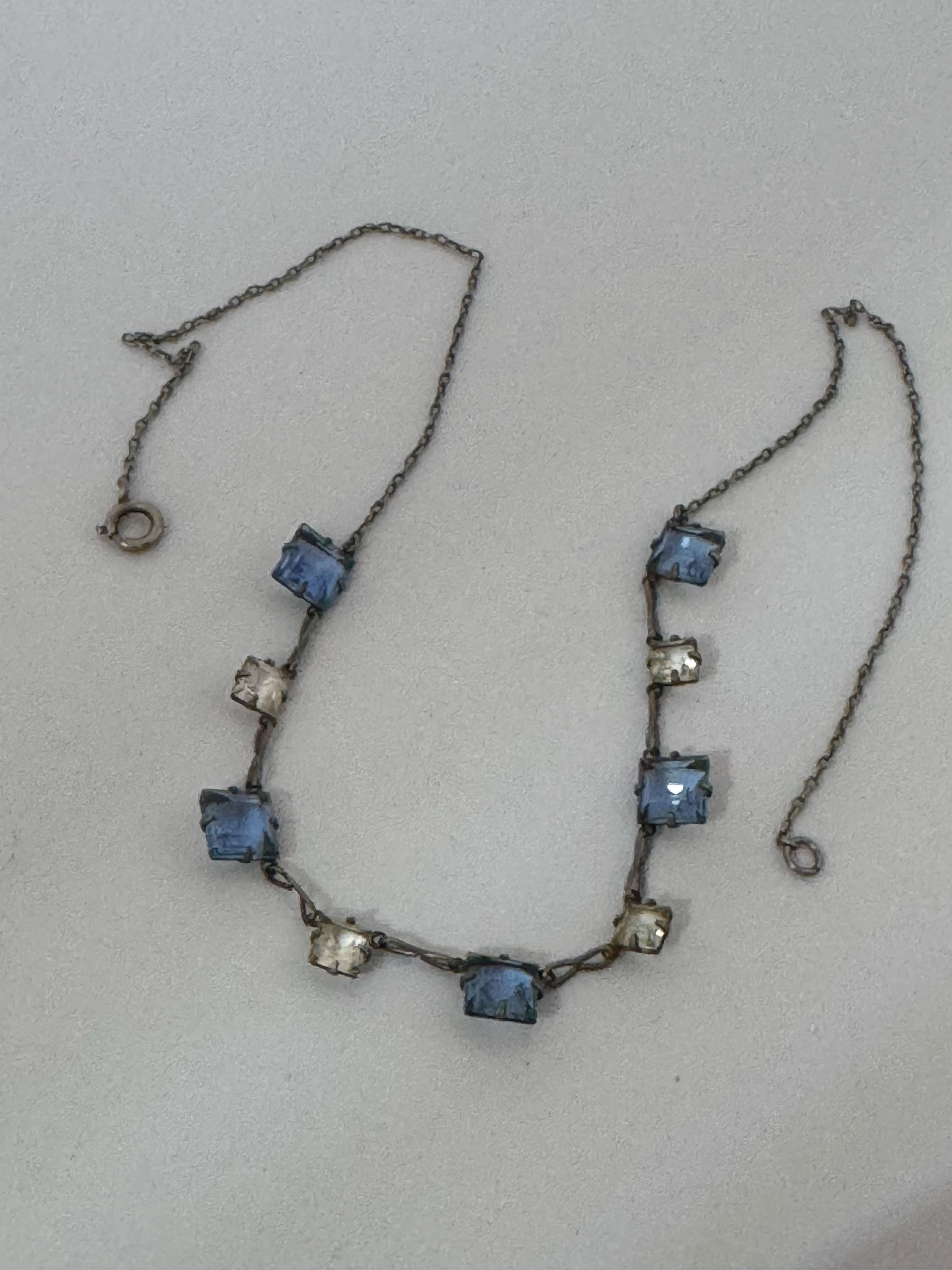 Art Deco Czech Open Back crystal blue clear square necklace silvertone 41cm
