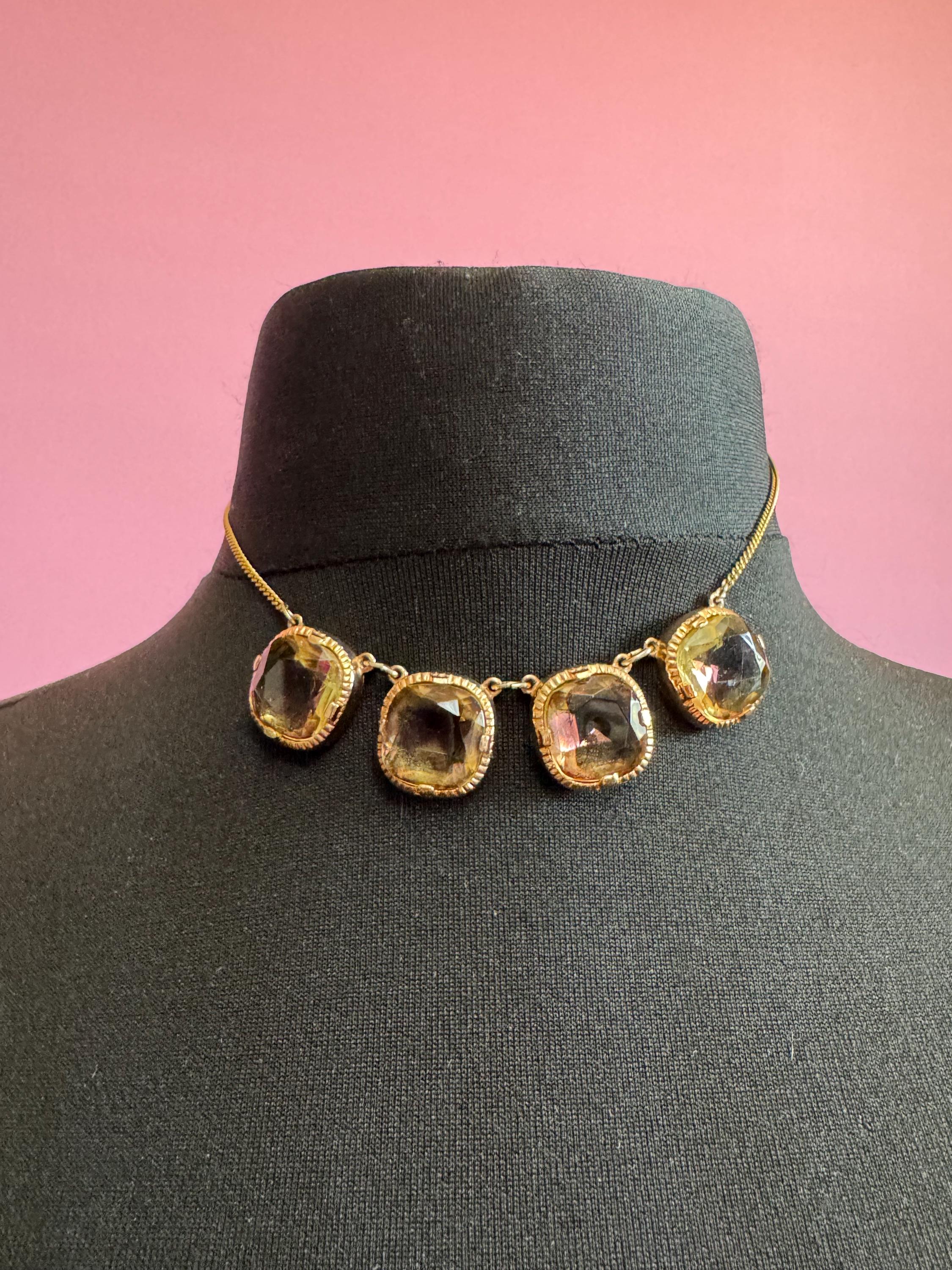 Vintage Rivière Gold Tone Necklace: Amethyst Citrine Glass, 39cm