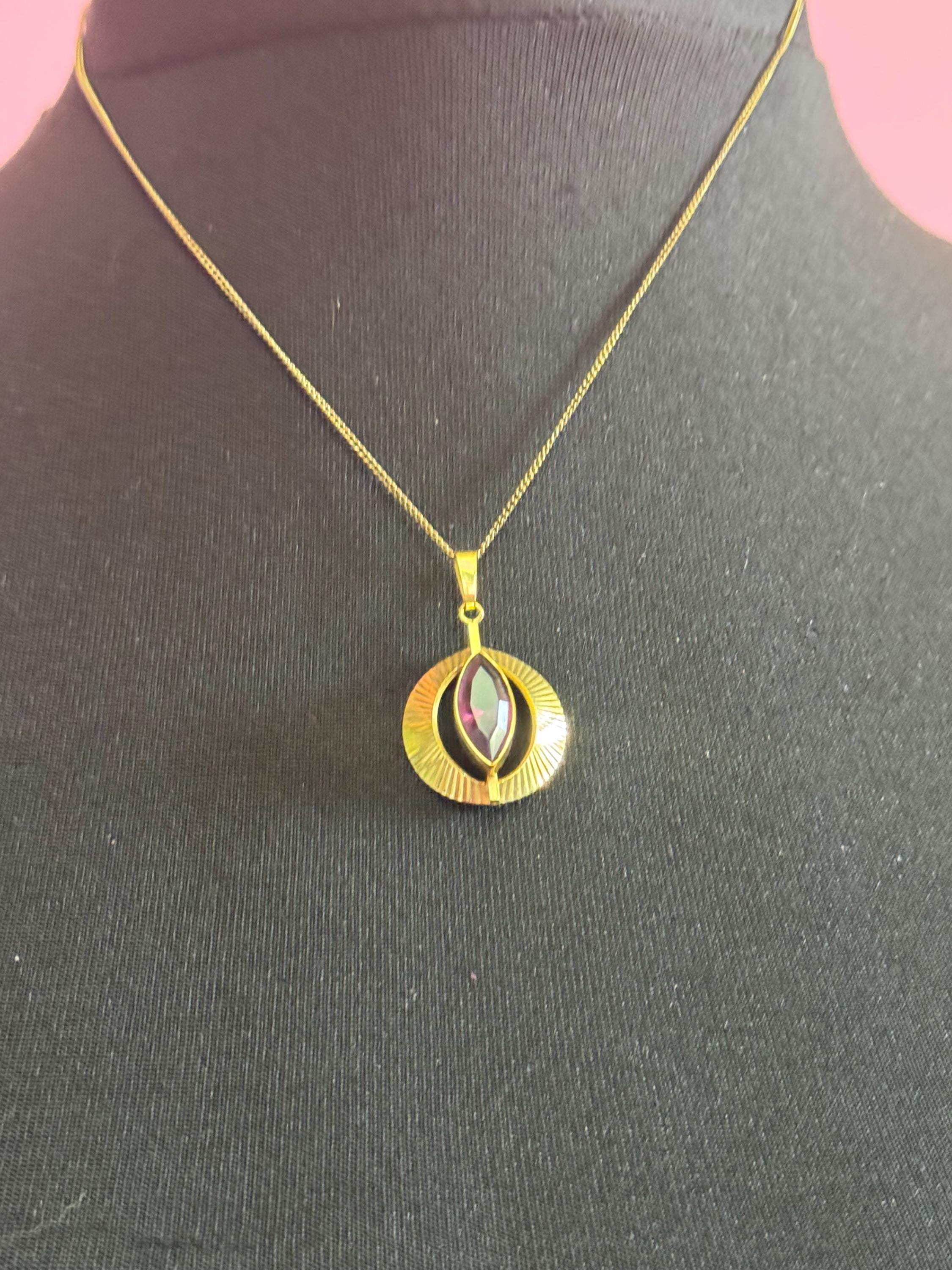 Signed K&L Kordes and Lichtenfels rolled gold amethyst purple  gemstone pendant necklace 46cm