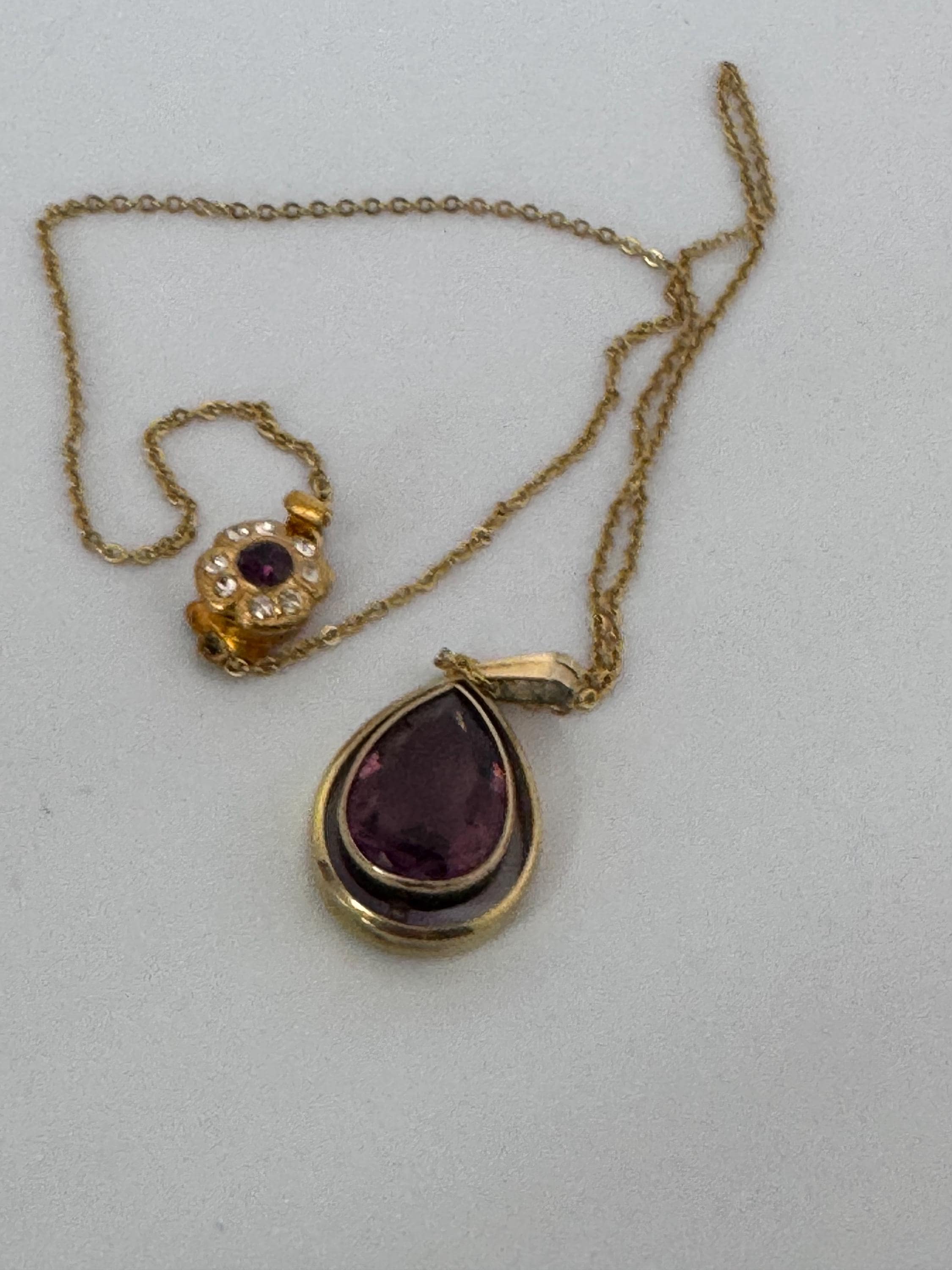 Signed rolled gold foreign amethyst purple teardrop gemstone pendant necklace 46cm