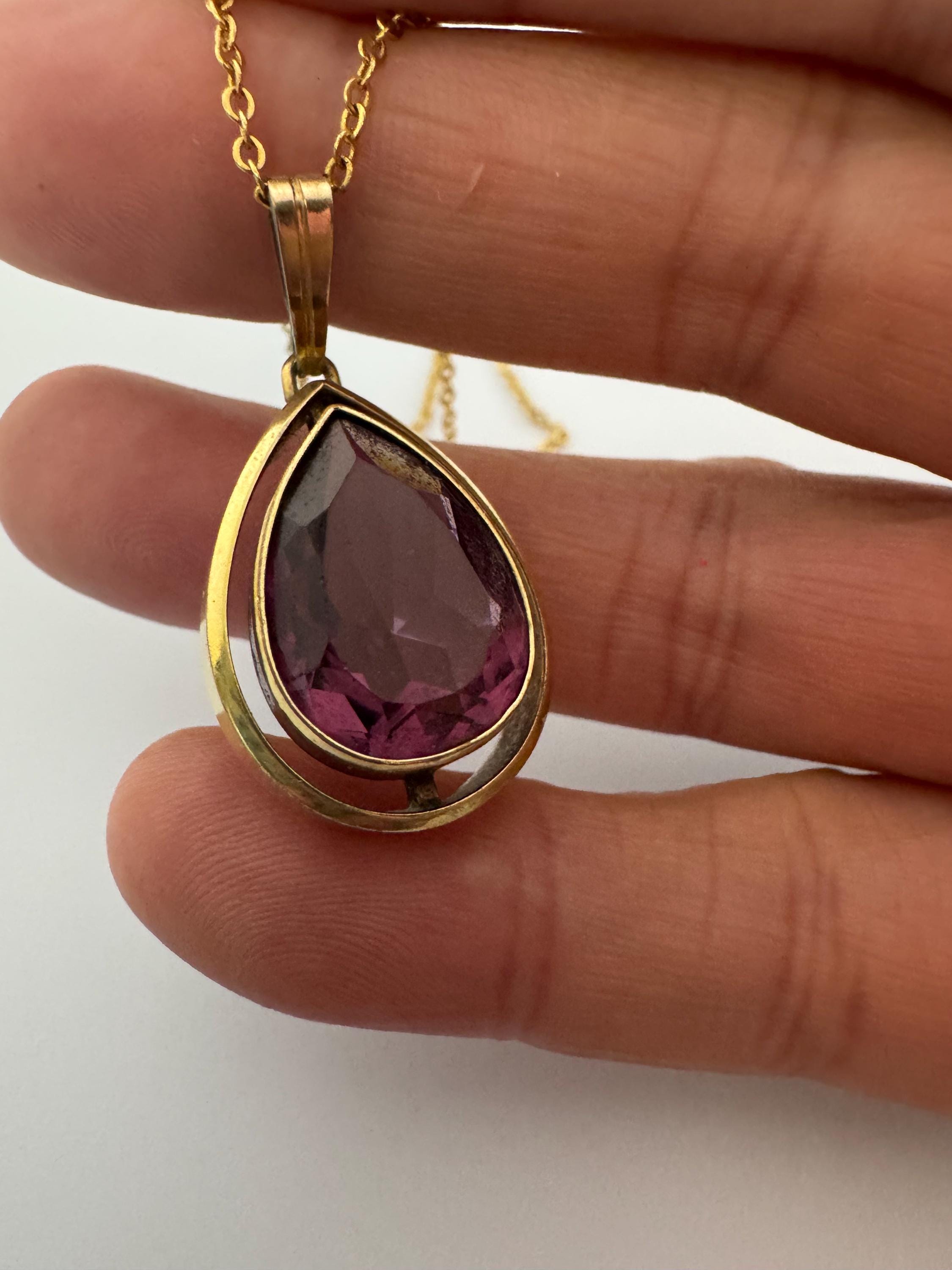 Signed rolled gold foreign amethyst purple teardrop gemstone pendant necklace 46cm