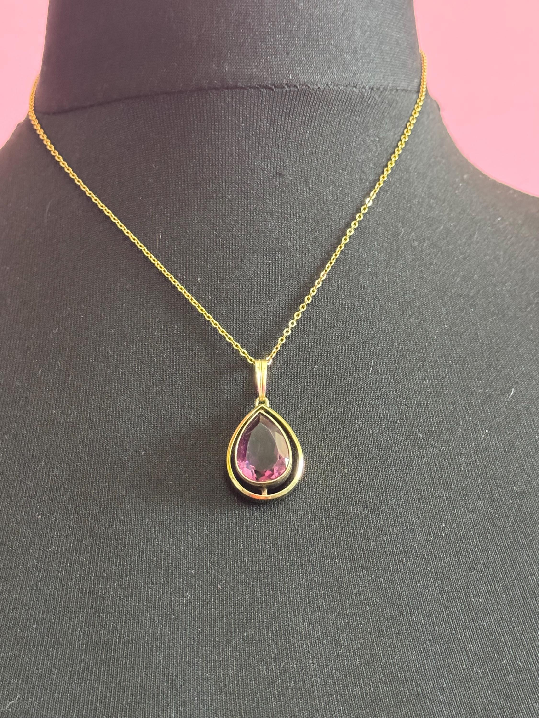 Signed rolled gold foreign amethyst purple teardrop gemstone pendant necklace 46cm