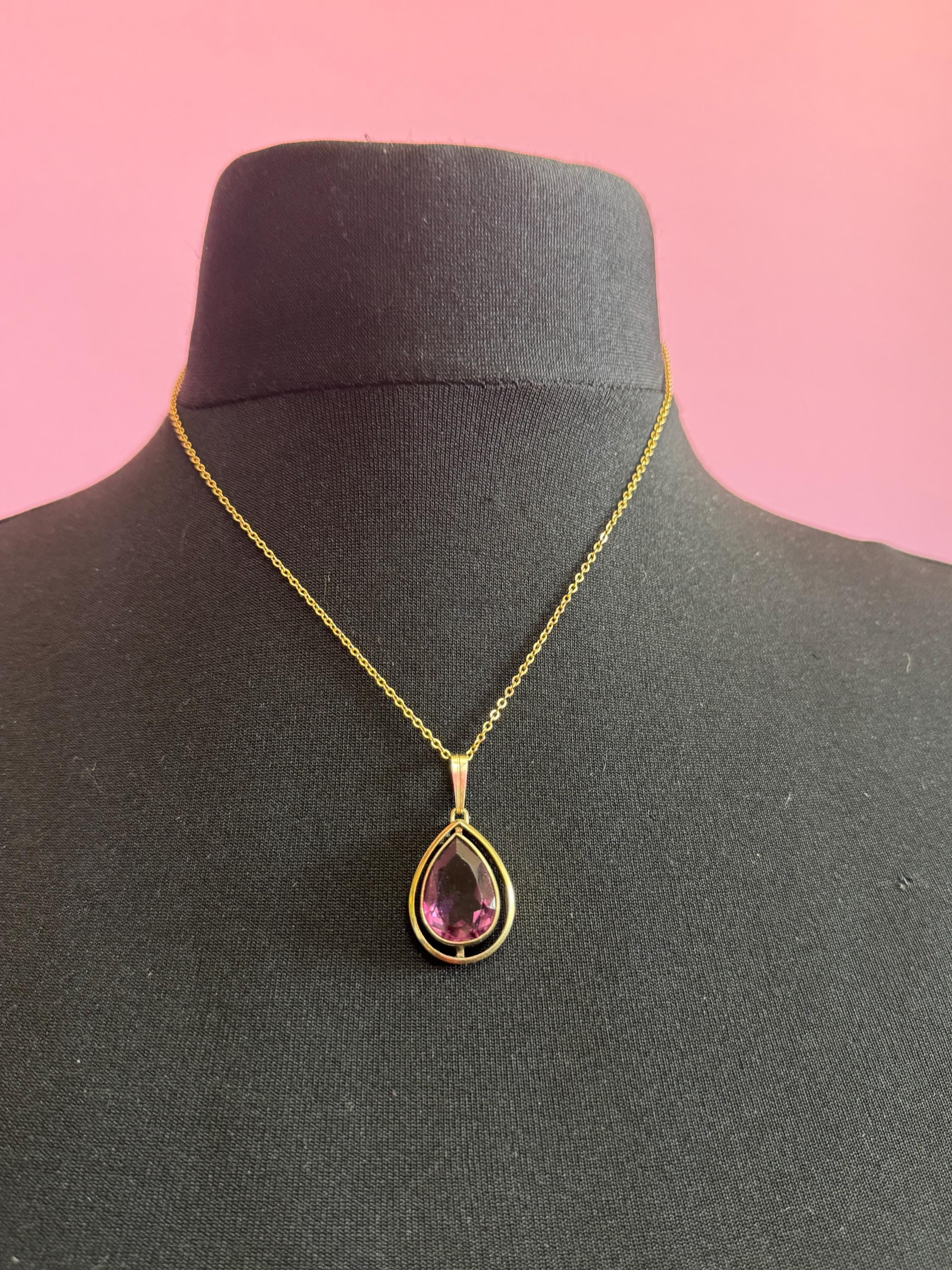 Signed rolled gold foreign amethyst purple teardrop gemstone pendant necklace 46cm