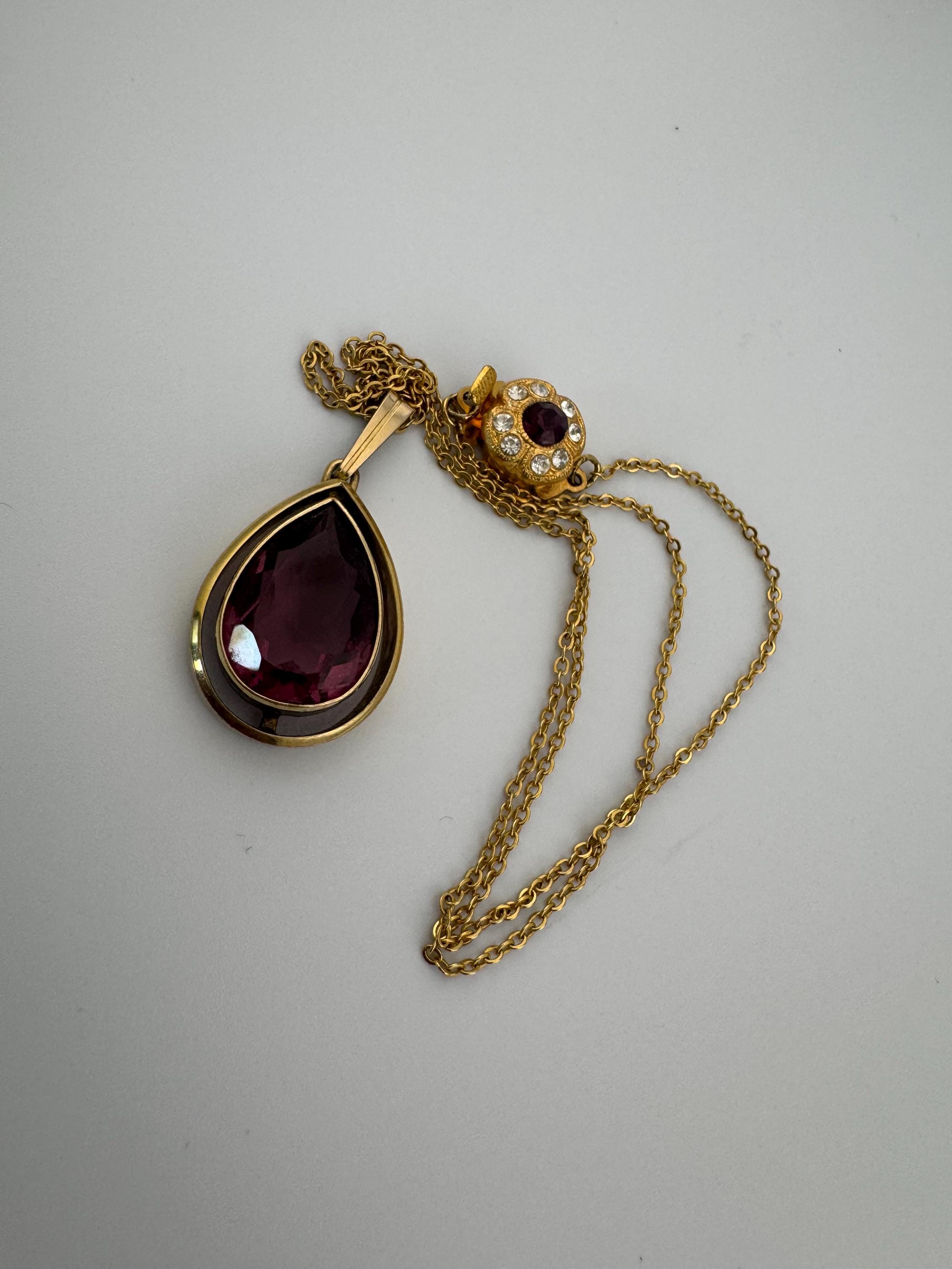 Signed rolled gold foreign amethyst purple teardrop gemstone pendant necklace 46cm