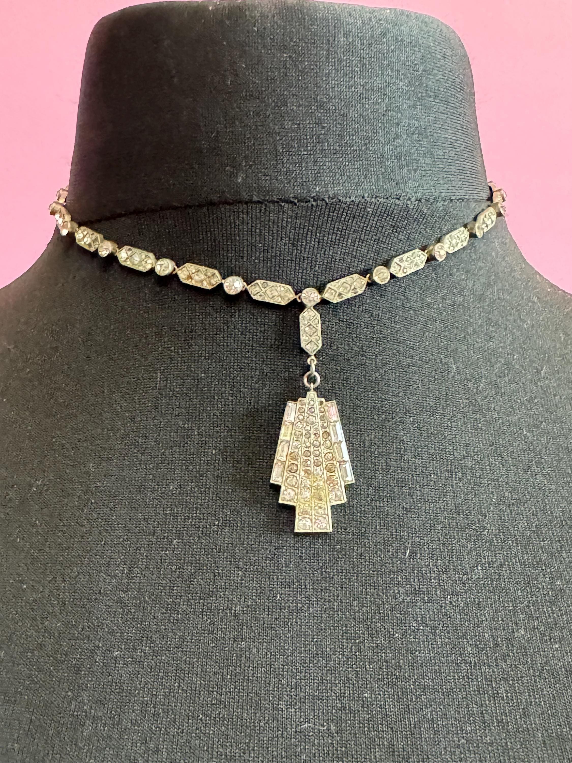 Art Deco silver tone chrome panel link paste rhinestone drop necklace as found