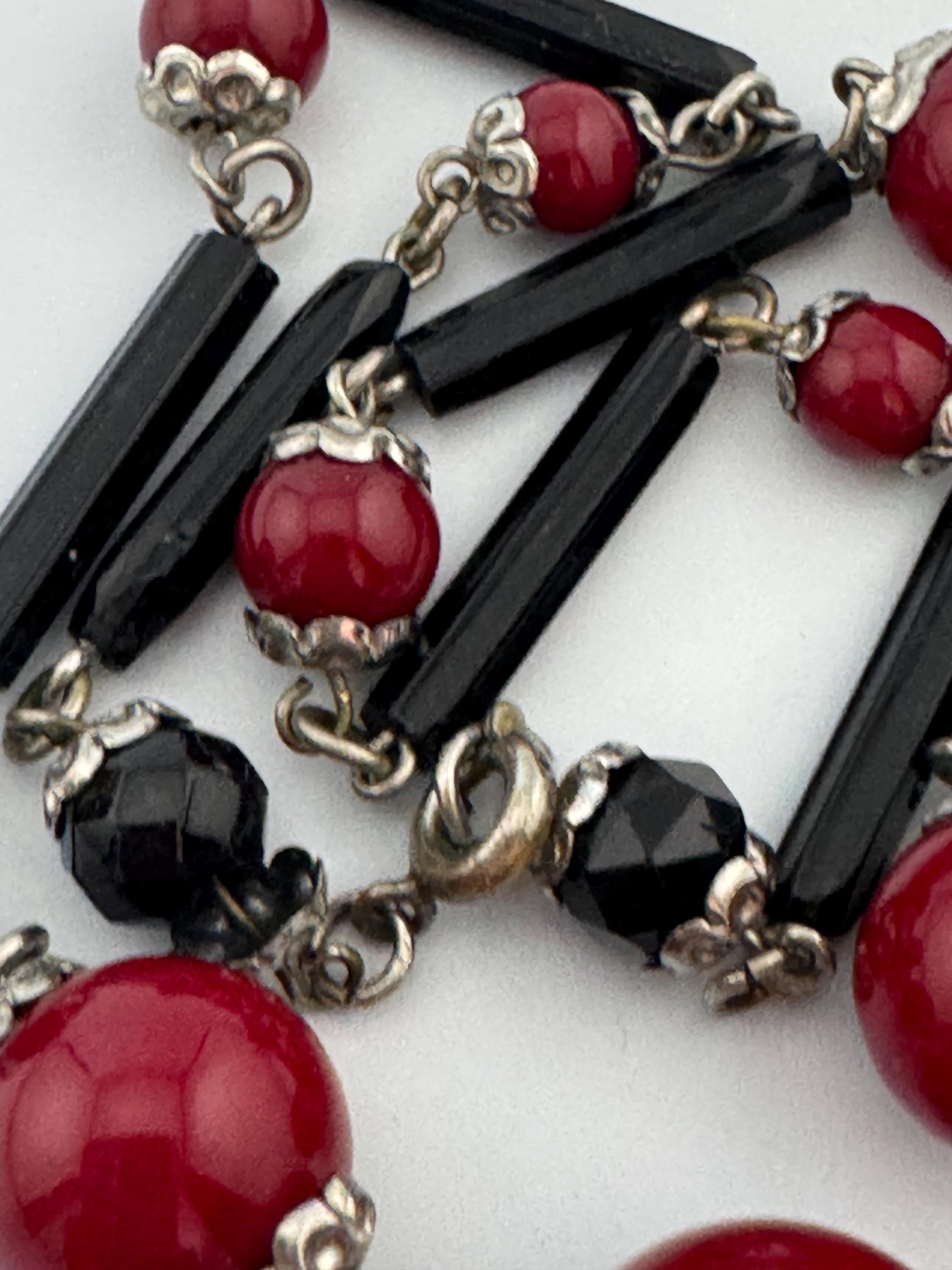 Czech silver Chromed red and black glass beaded necklace 1920s art deco 41cm
