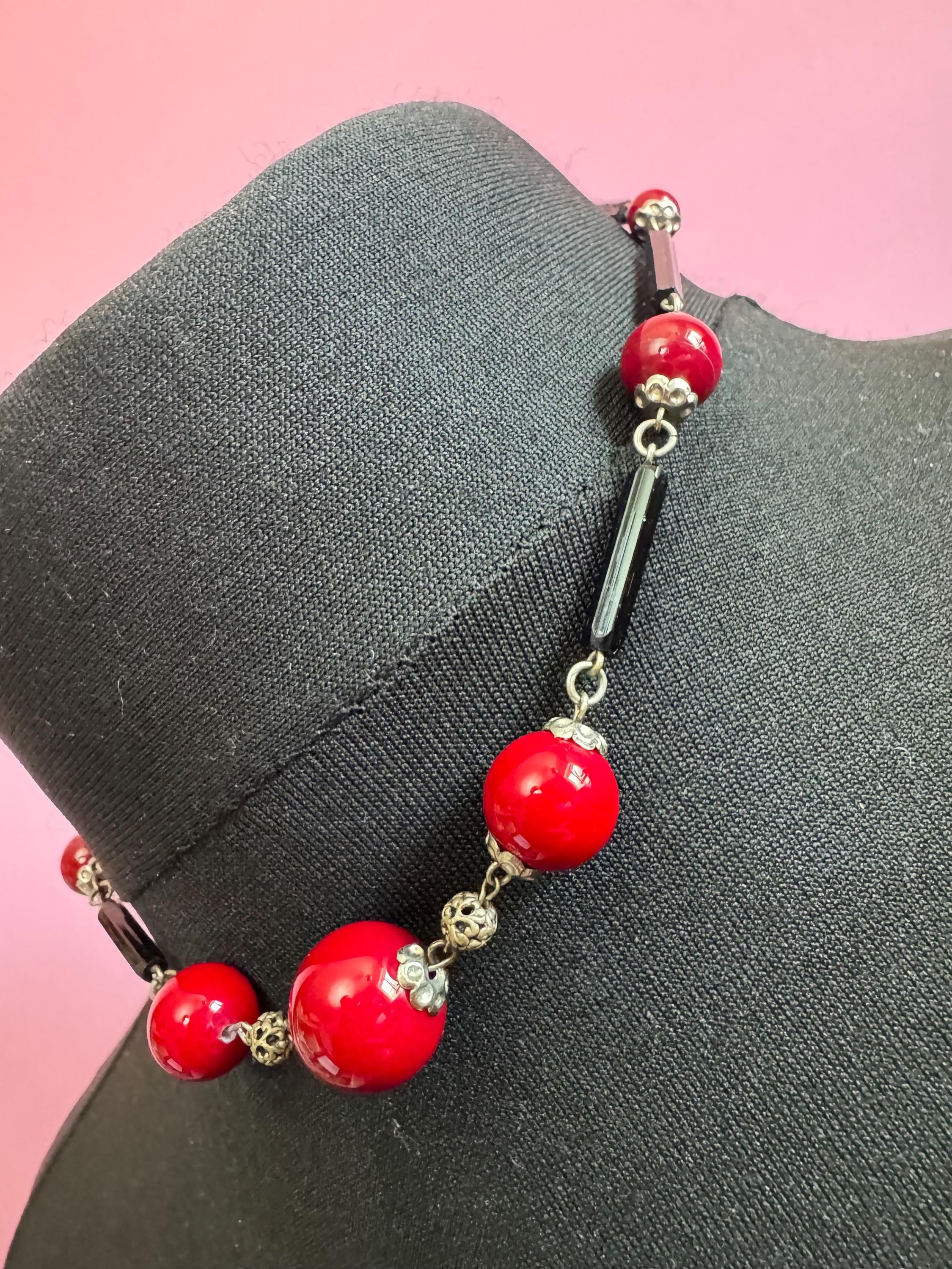 Czech silver Chromed red and black glass beaded necklace 1920s art deco 41cm