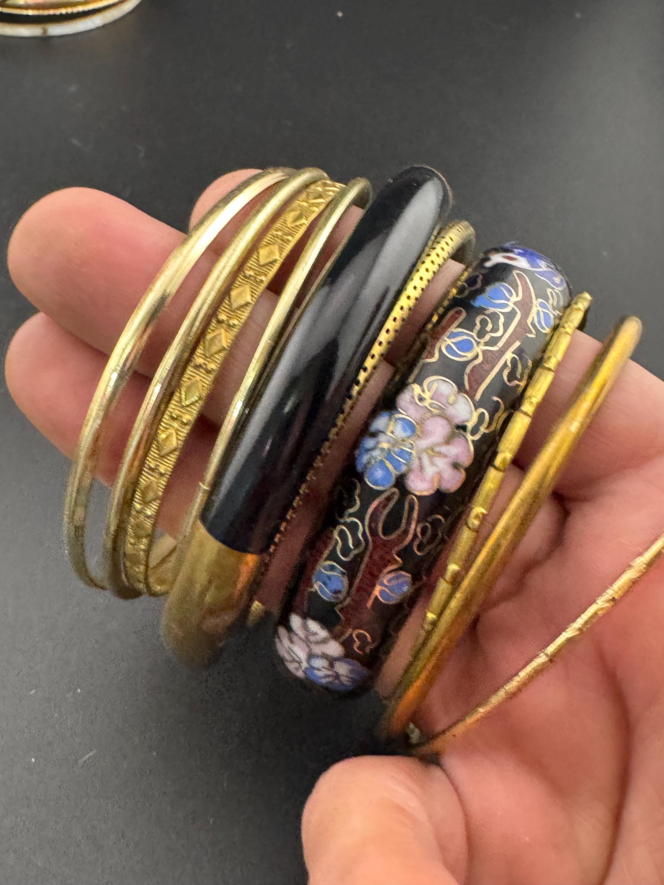 Gold and black tones vintage curated set of stacking bangles Bangle stack eastern metal hippy boho festival bracelets