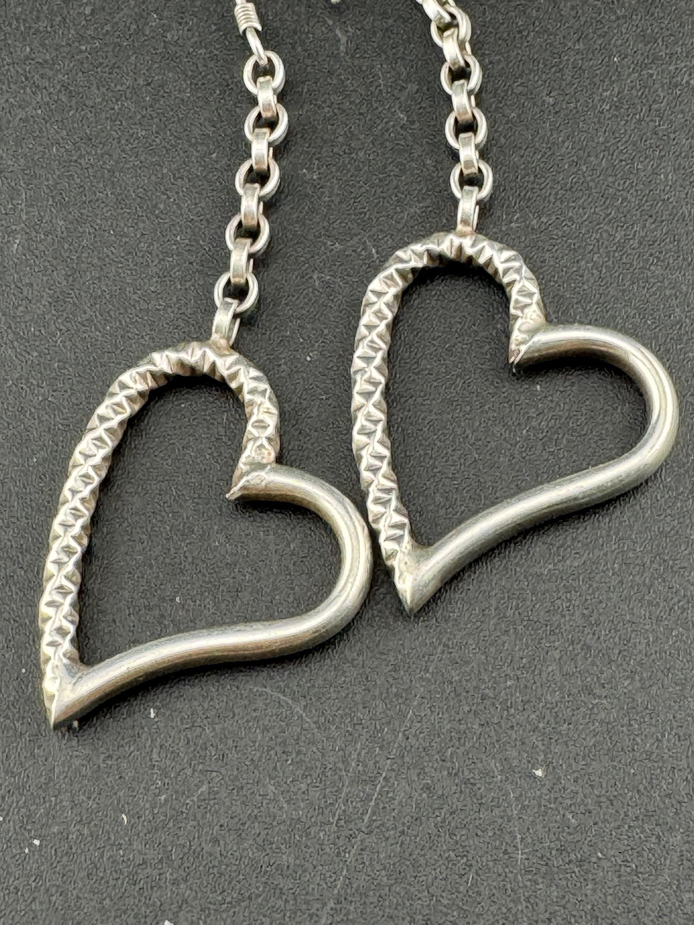 925 sterling silver chain link dangly heart drop earrings 6.4 grams