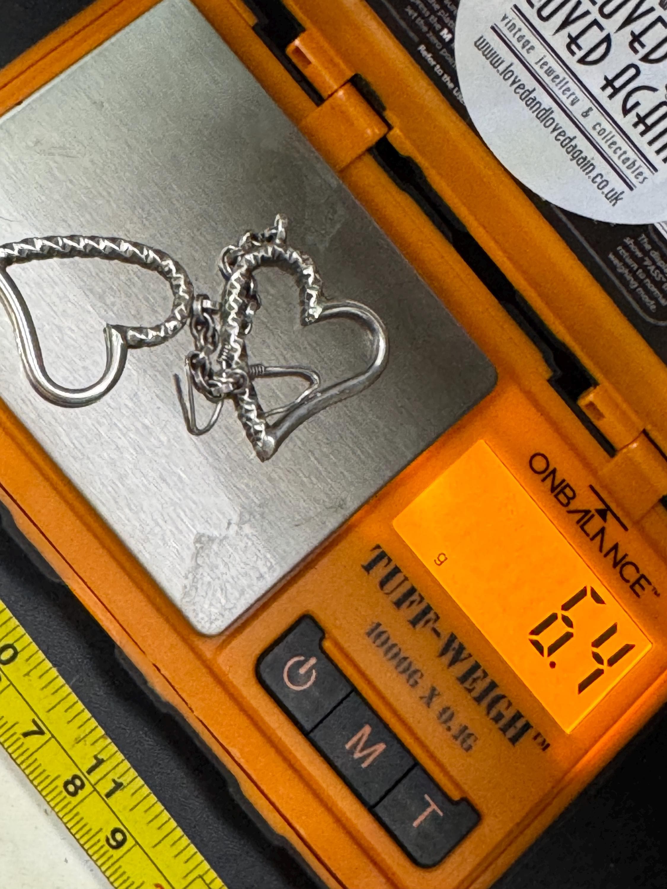 925 sterling silver chain link dangly heart drop earrings 6.4 grams