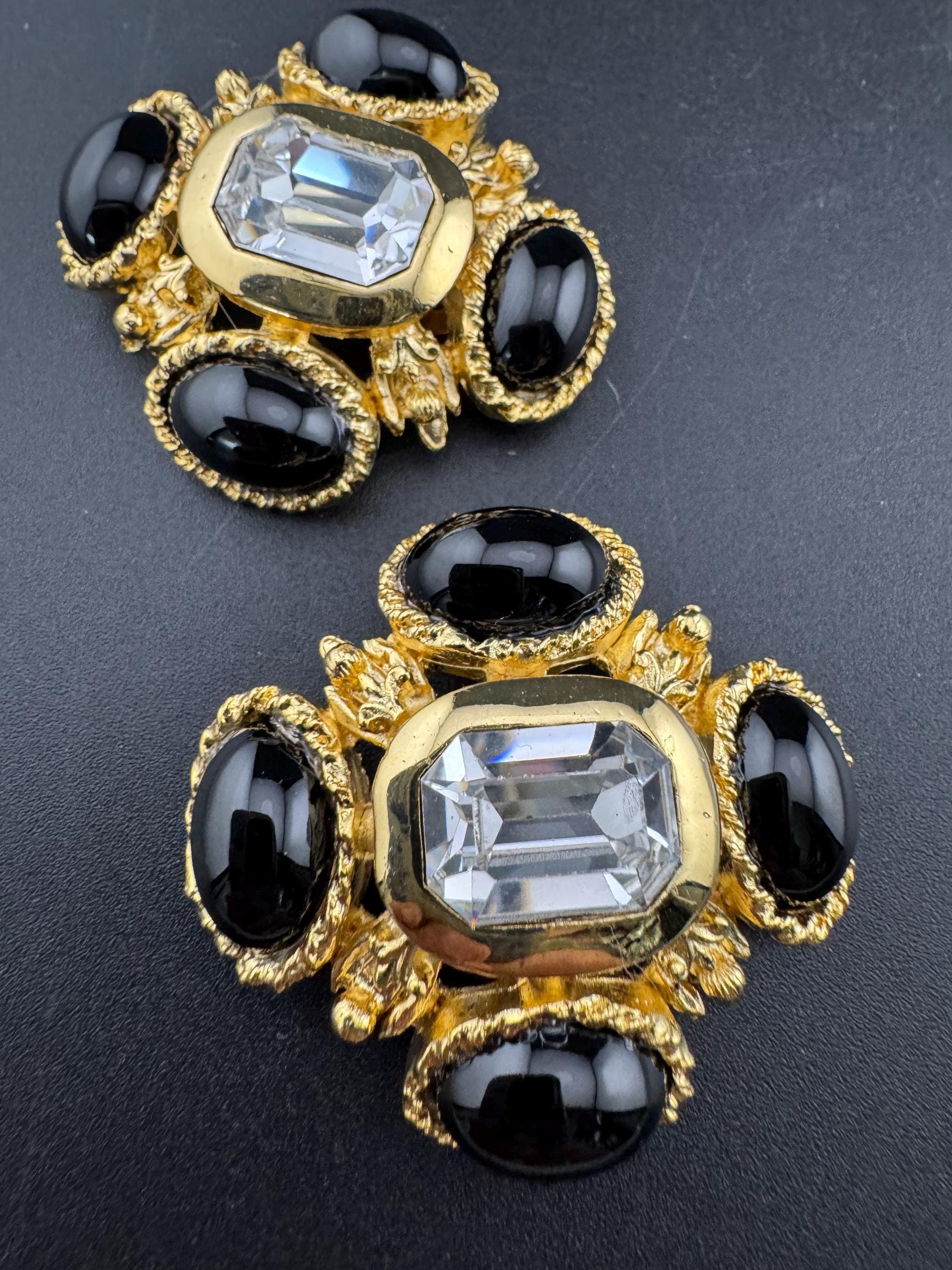 vintage oversized 4cm Gold tone and black Austrian glass cabochon green cabochon and clear Swarovski crystal cross earrings 1980s