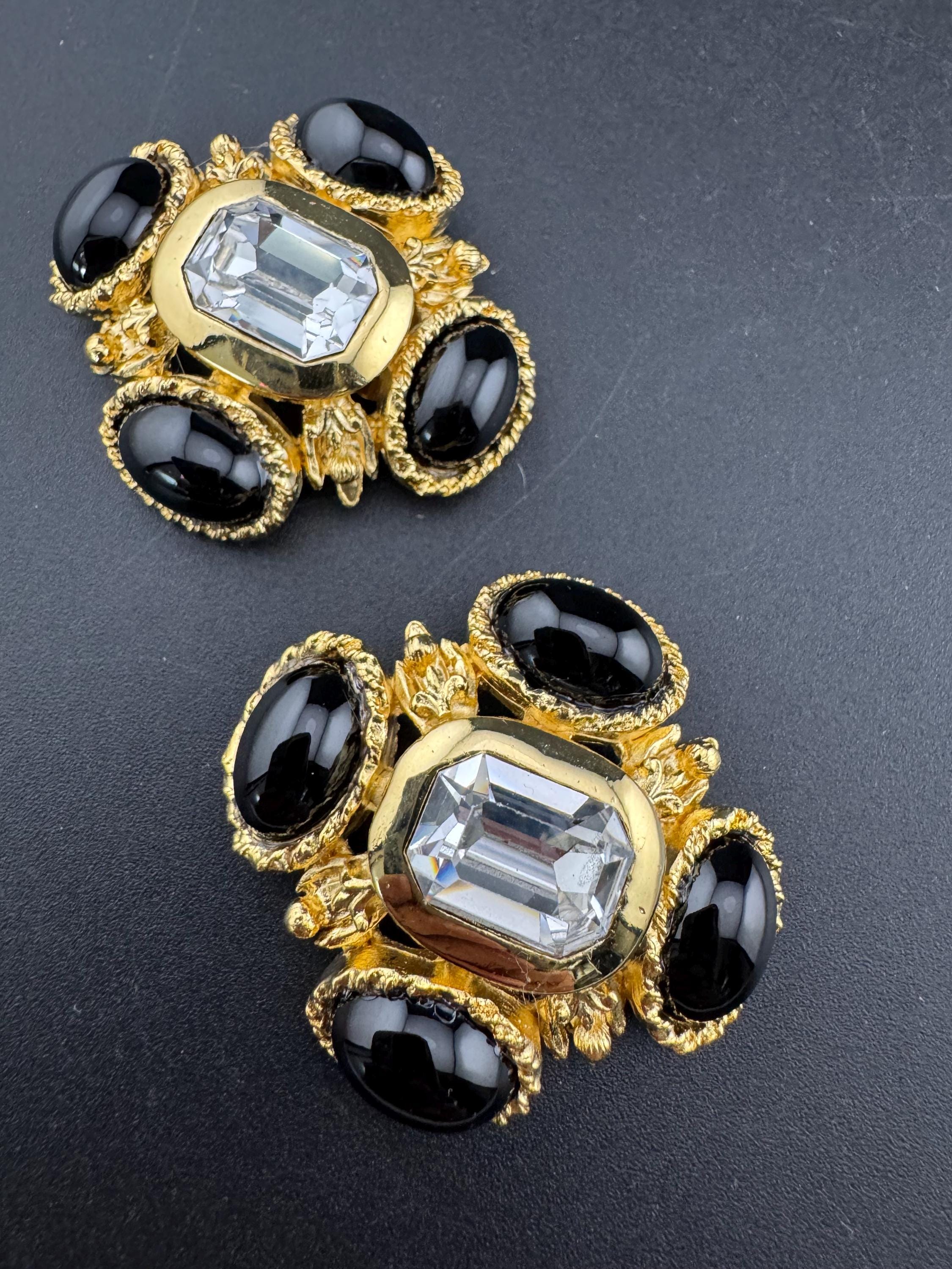 vintage oversized 4cm Gold tone and black Austrian glass cabochon green cabochon and clear Swarovski crystal cross earrings 1980s