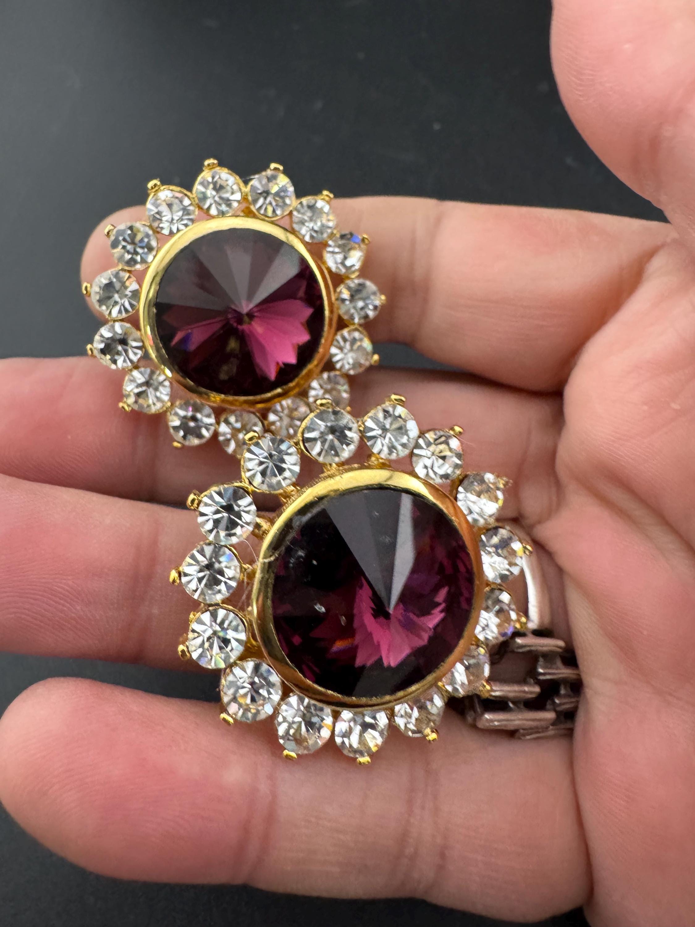 vintage oversized 3.5cm gold tone clear glass and deep purple Rivoli crystal round Swarovski stud earrings 1980s old shop stock