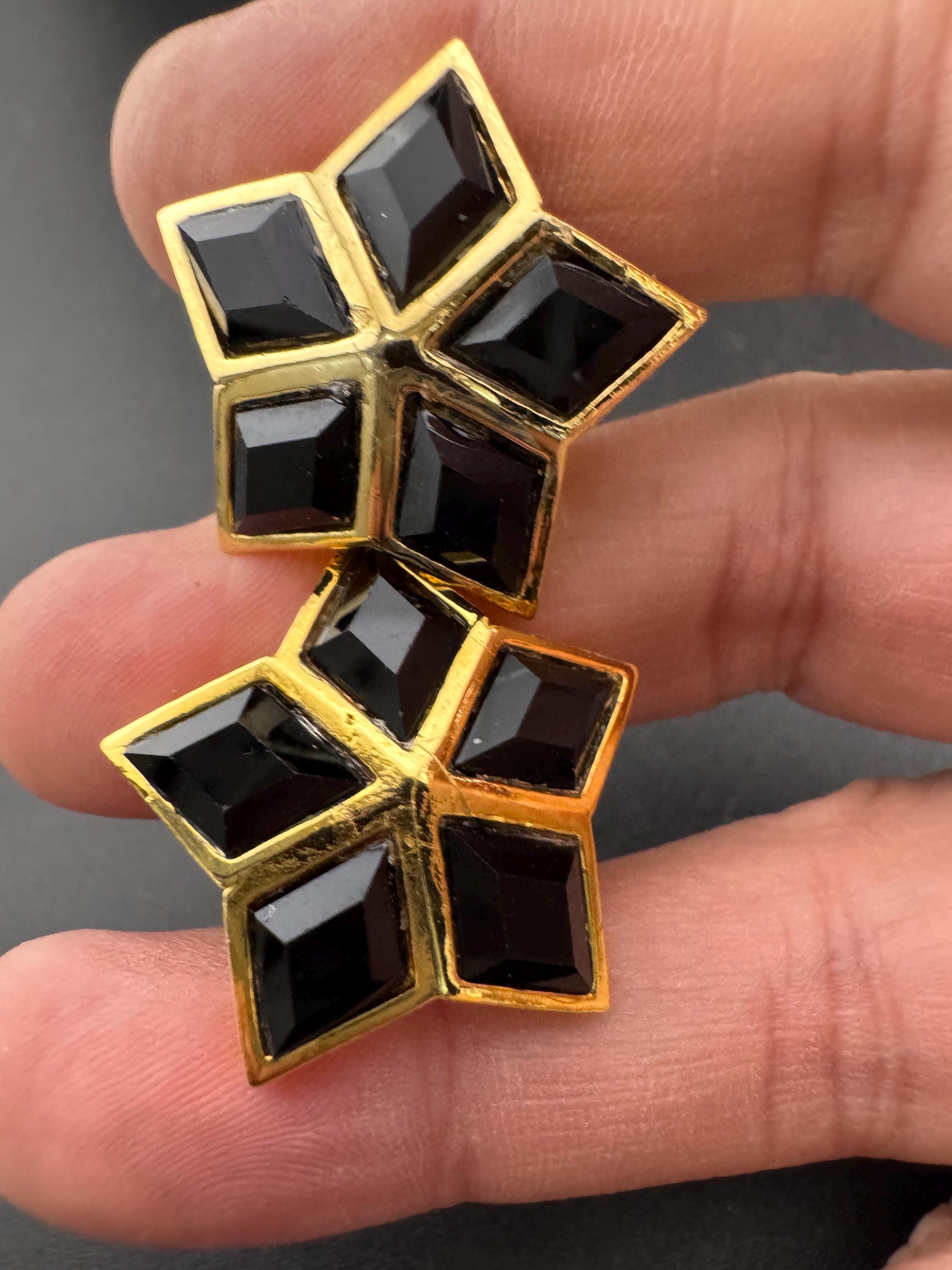 vintage gold tone black Swarovski crystal star stud clip on earrings 1980s old shop stock
