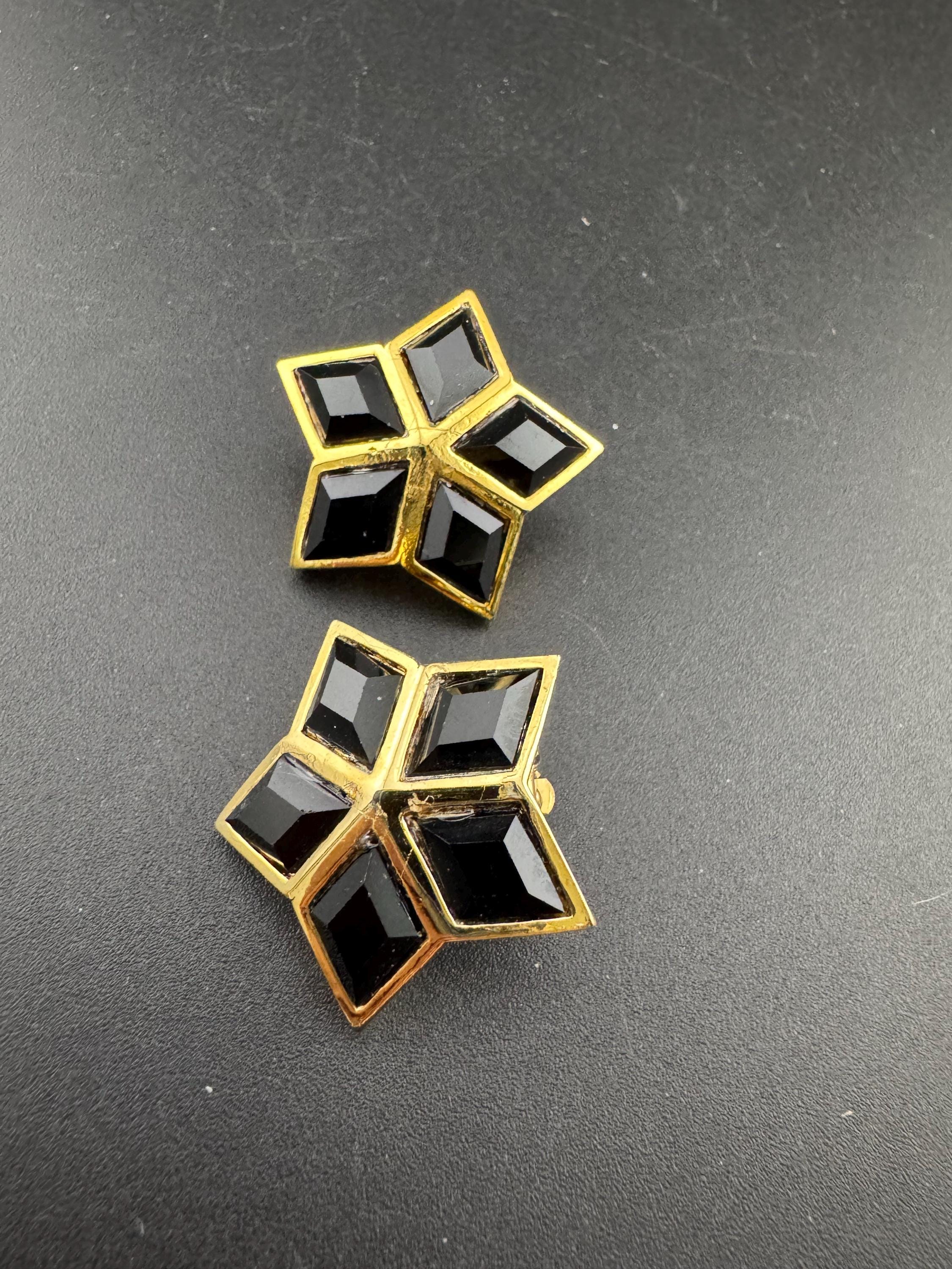 vintage gold tone black Swarovski crystal star stud clip on earrings 1980s old shop stock