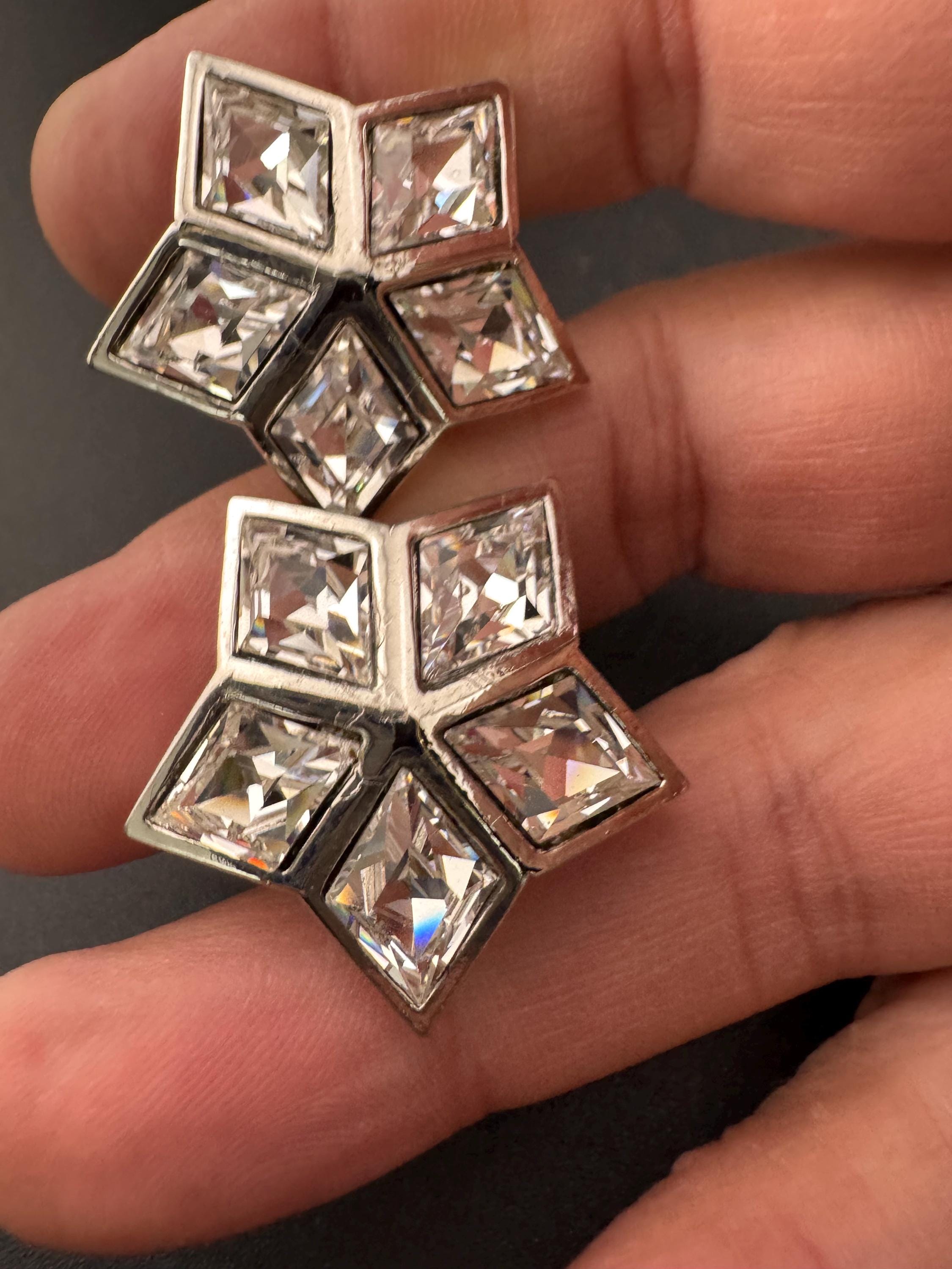 vintage silver tone clear Swarovski crystal star stud clip on earrings 1980s old shop stock