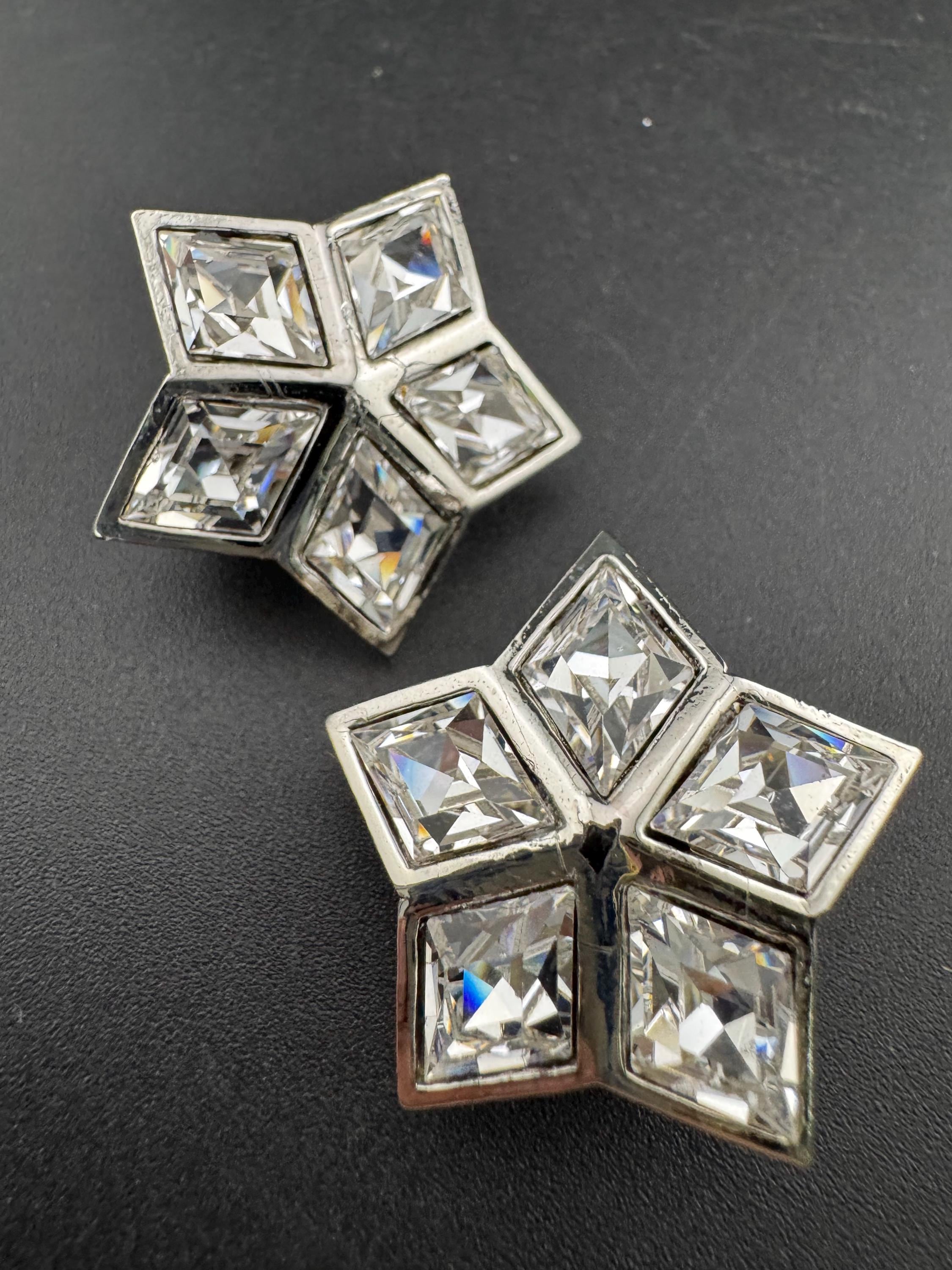 vintage silver tone clear Swarovski crystal star stud clip on earrings 1980s old shop stock