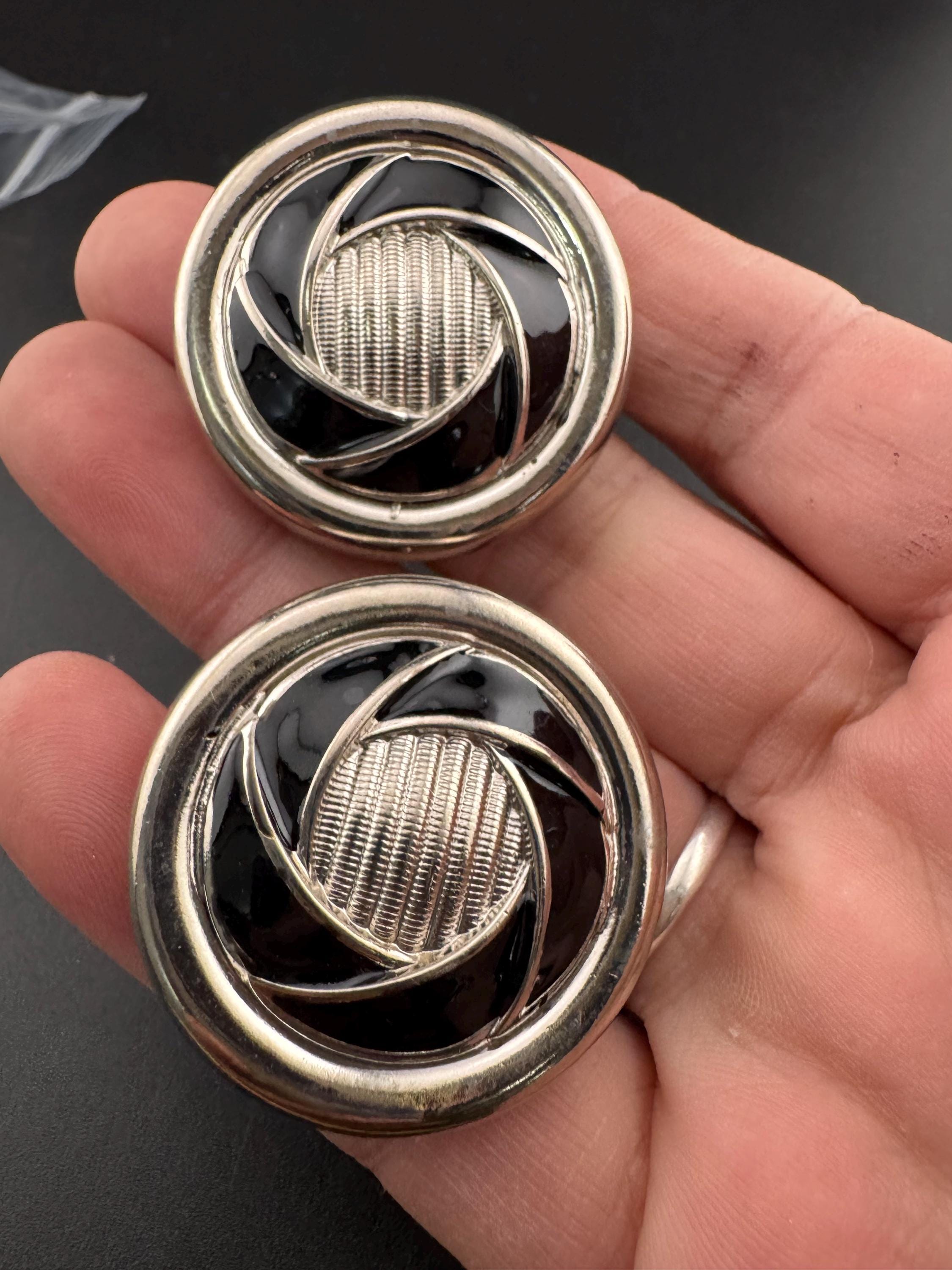 Oversized vintage French black enamel silver low domed metal clip on earrings 1960s old shop stock