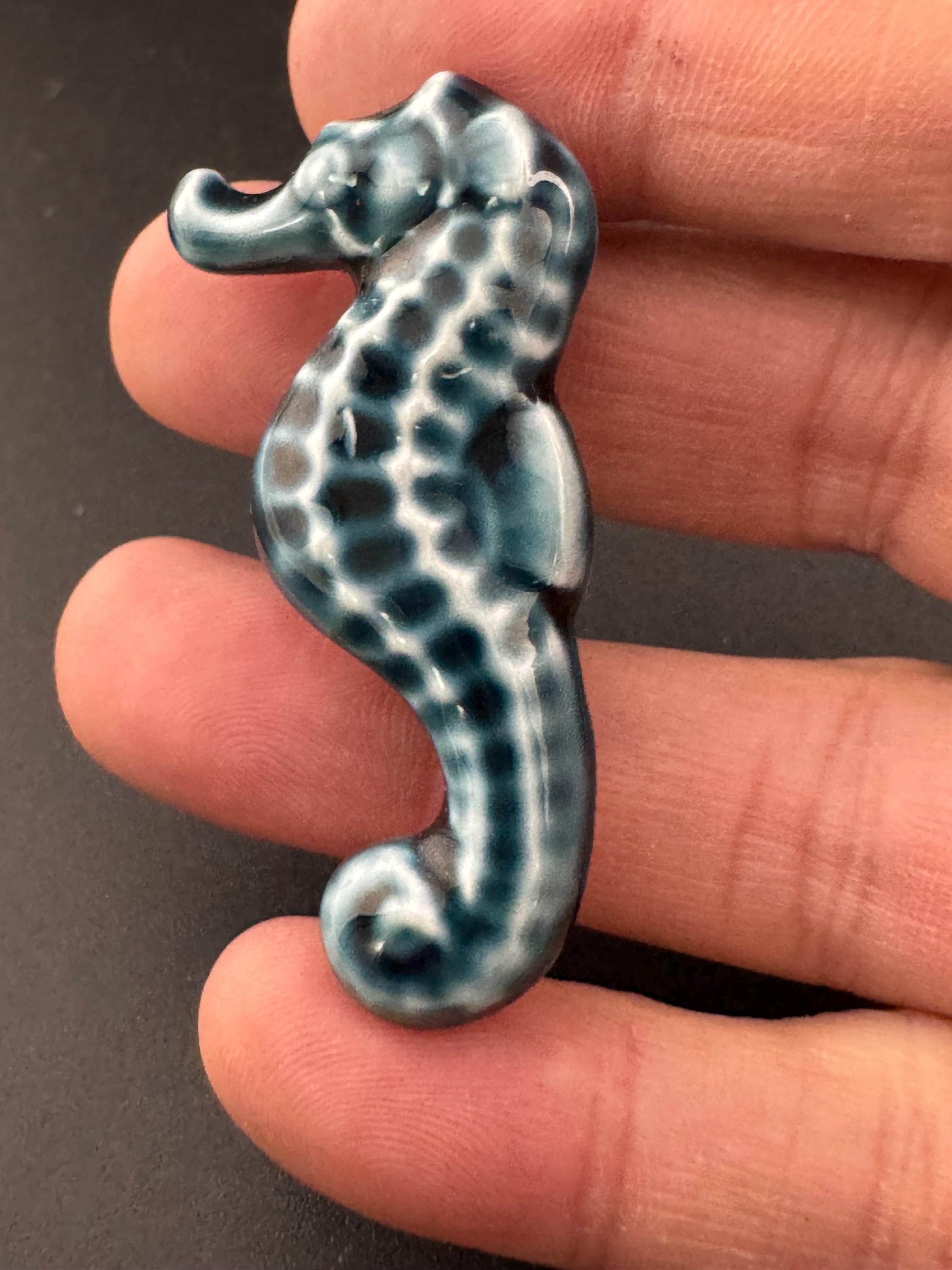 Vintage mid century ceramic blue green seahorse brooch , nautical marine style