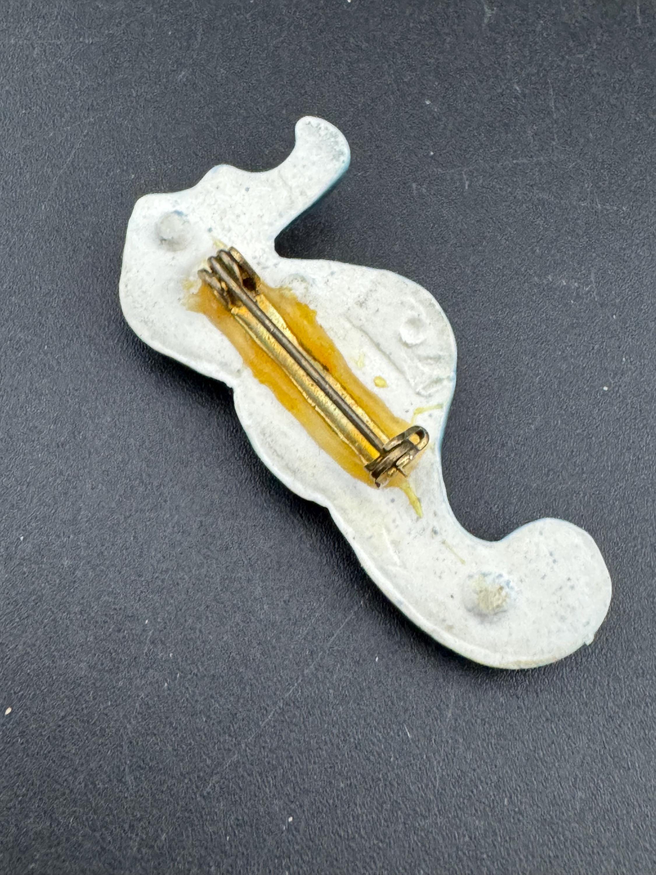 Vintage mid century ceramic blue green seahorse brooch , nautical marine style