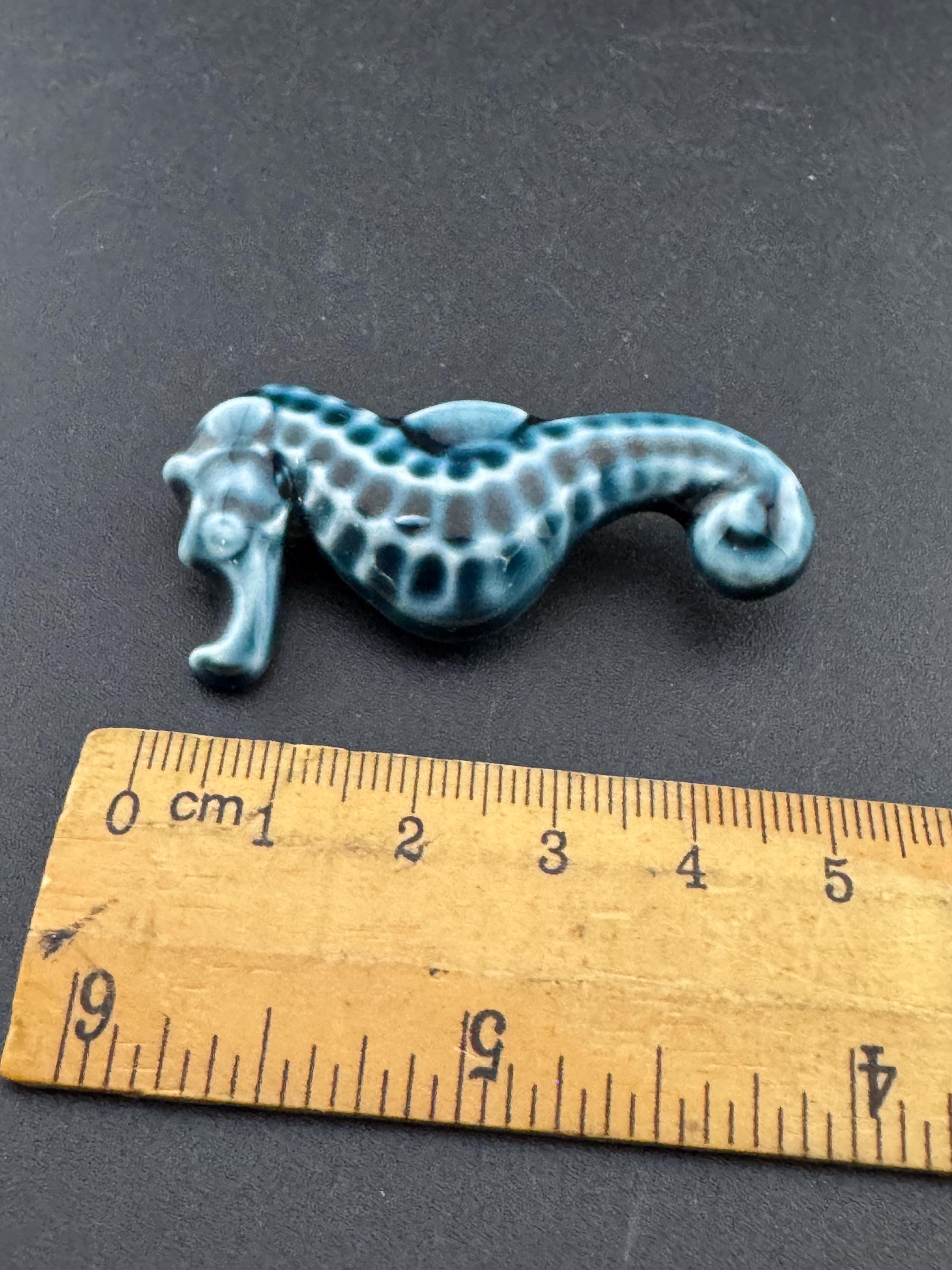 Vintage mid century ceramic blue green seahorse brooch , nautical marine style