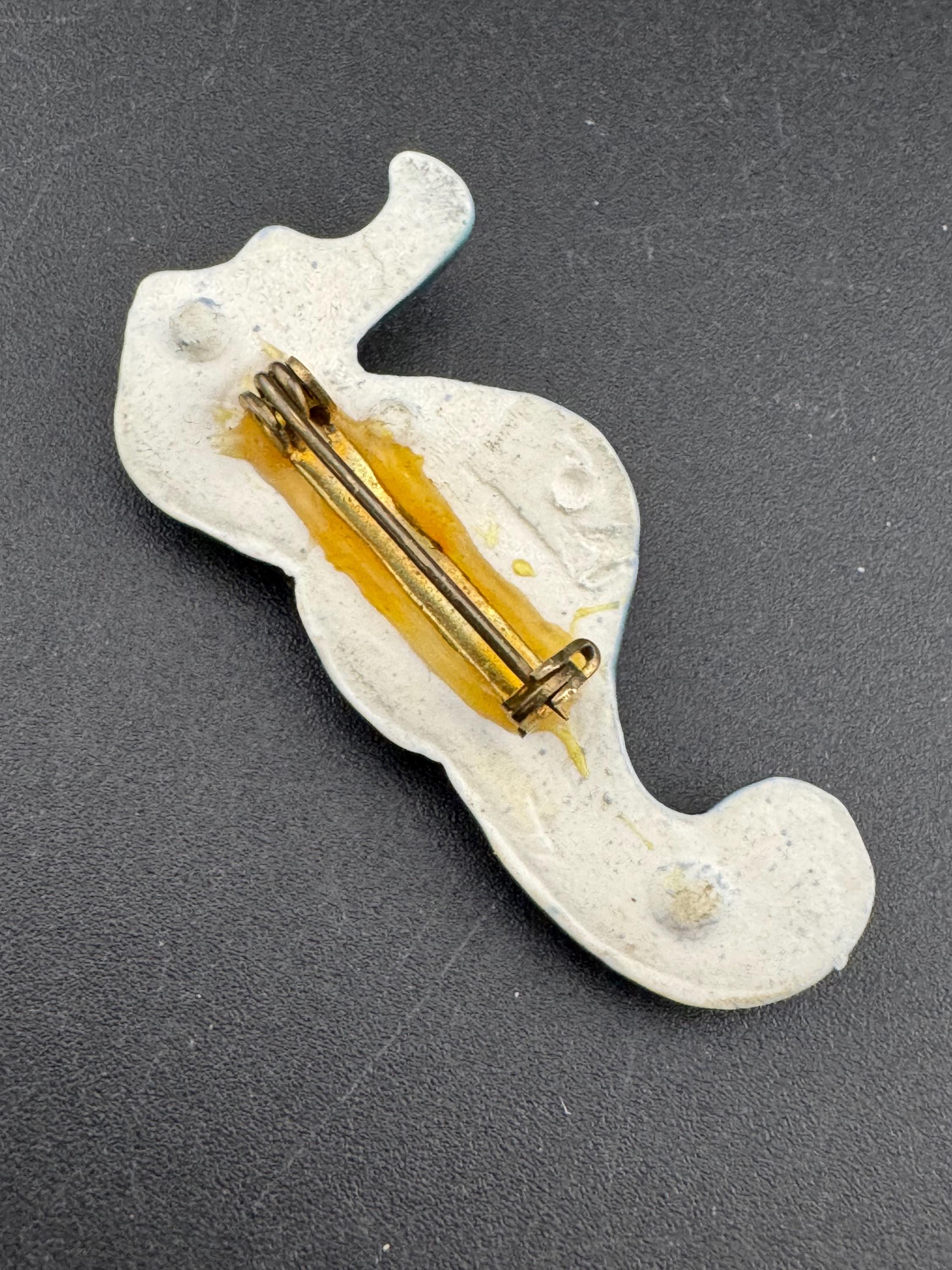 Vintage mid century ceramic blue green seahorse brooch , nautical marine style