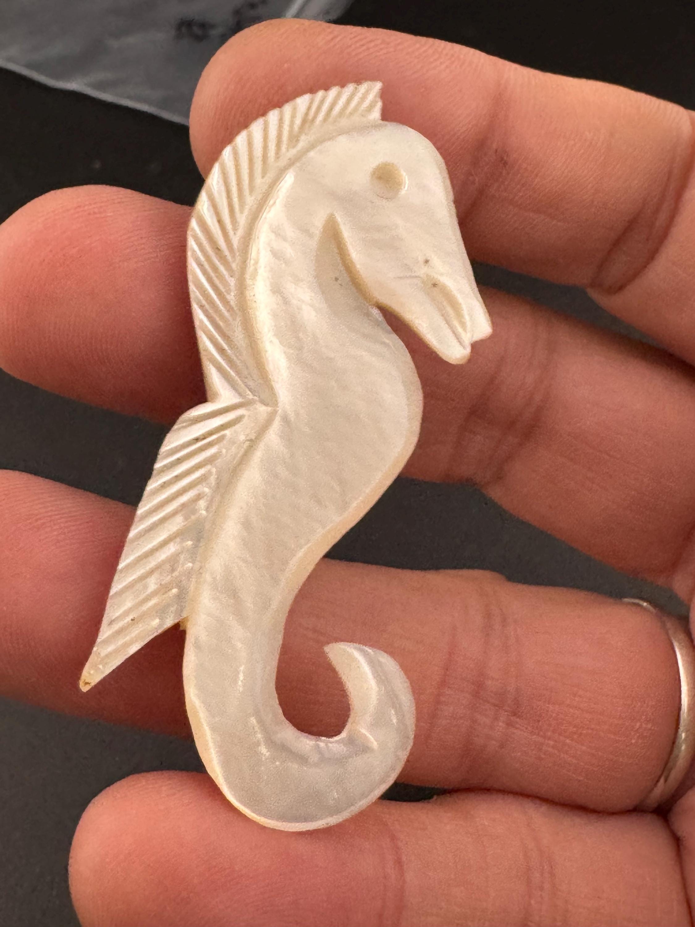 Vintage mid century mother of pearl, shell seahorse brooch , nautical marine style