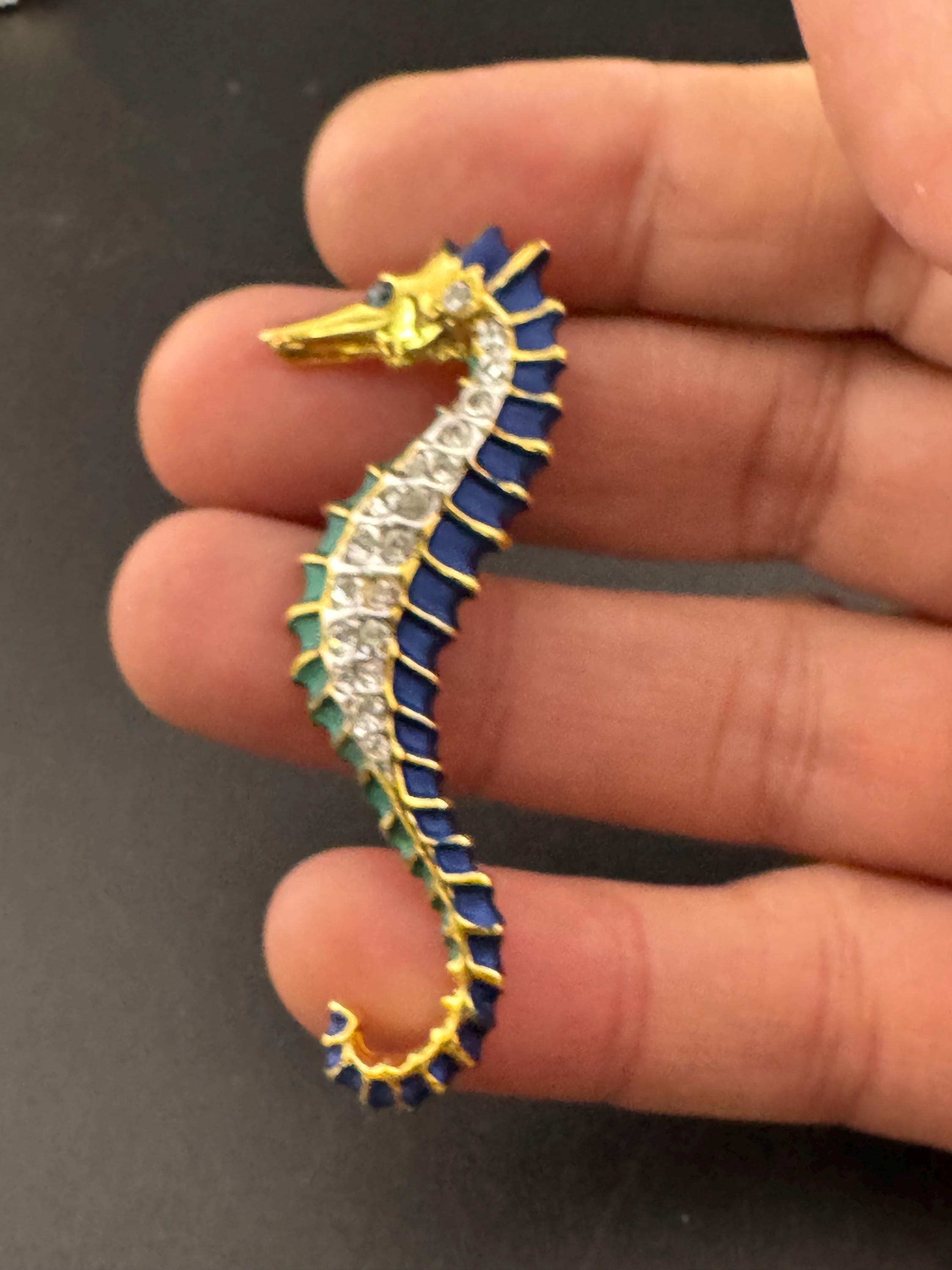 Vintage 6cm gold tone blue green enamel clear diamanté crystal seahorse brooch, nautical marine style