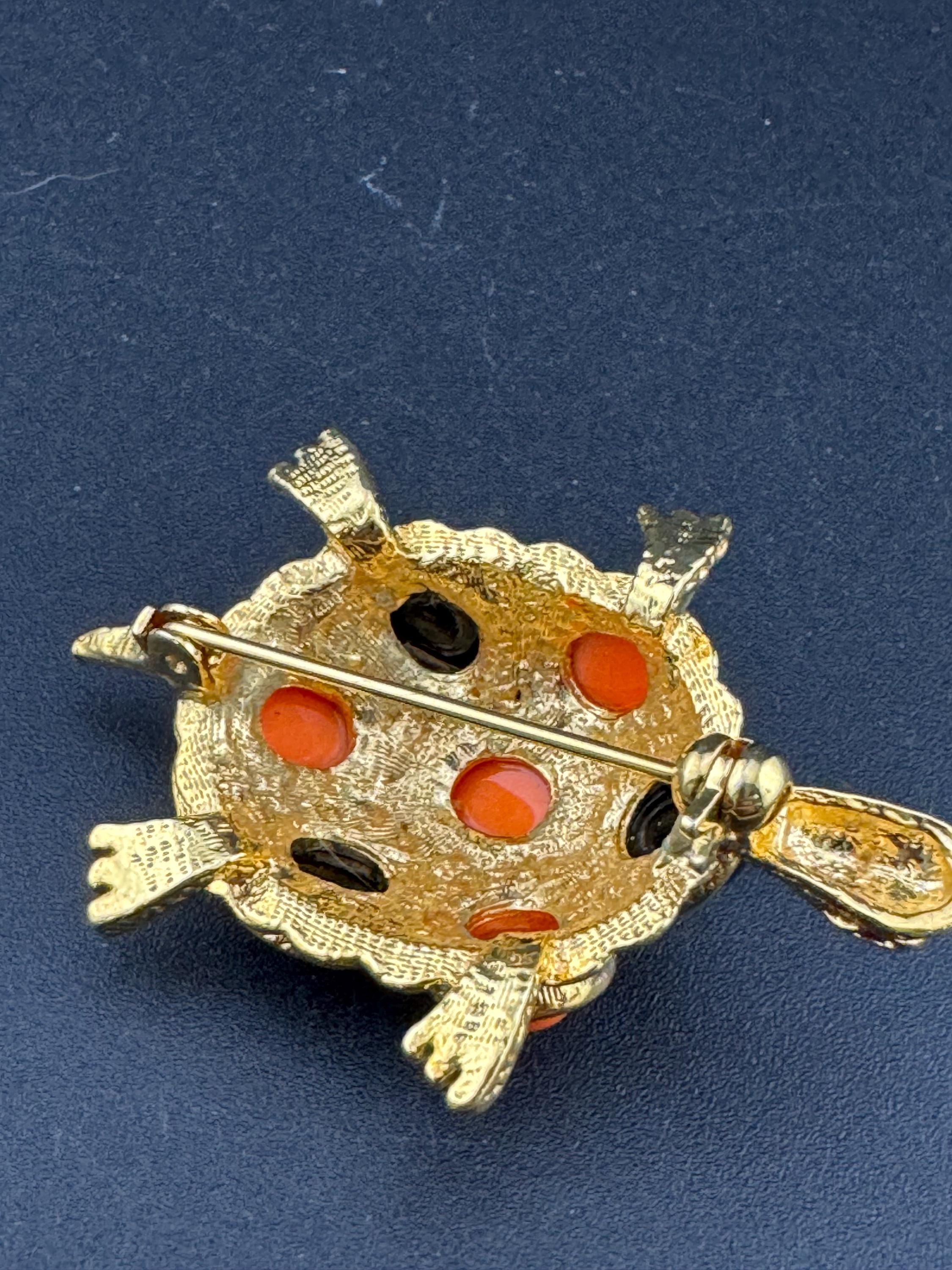 retro stylish gold tone orange and black cabochon 1980s turtle tortoise brooch