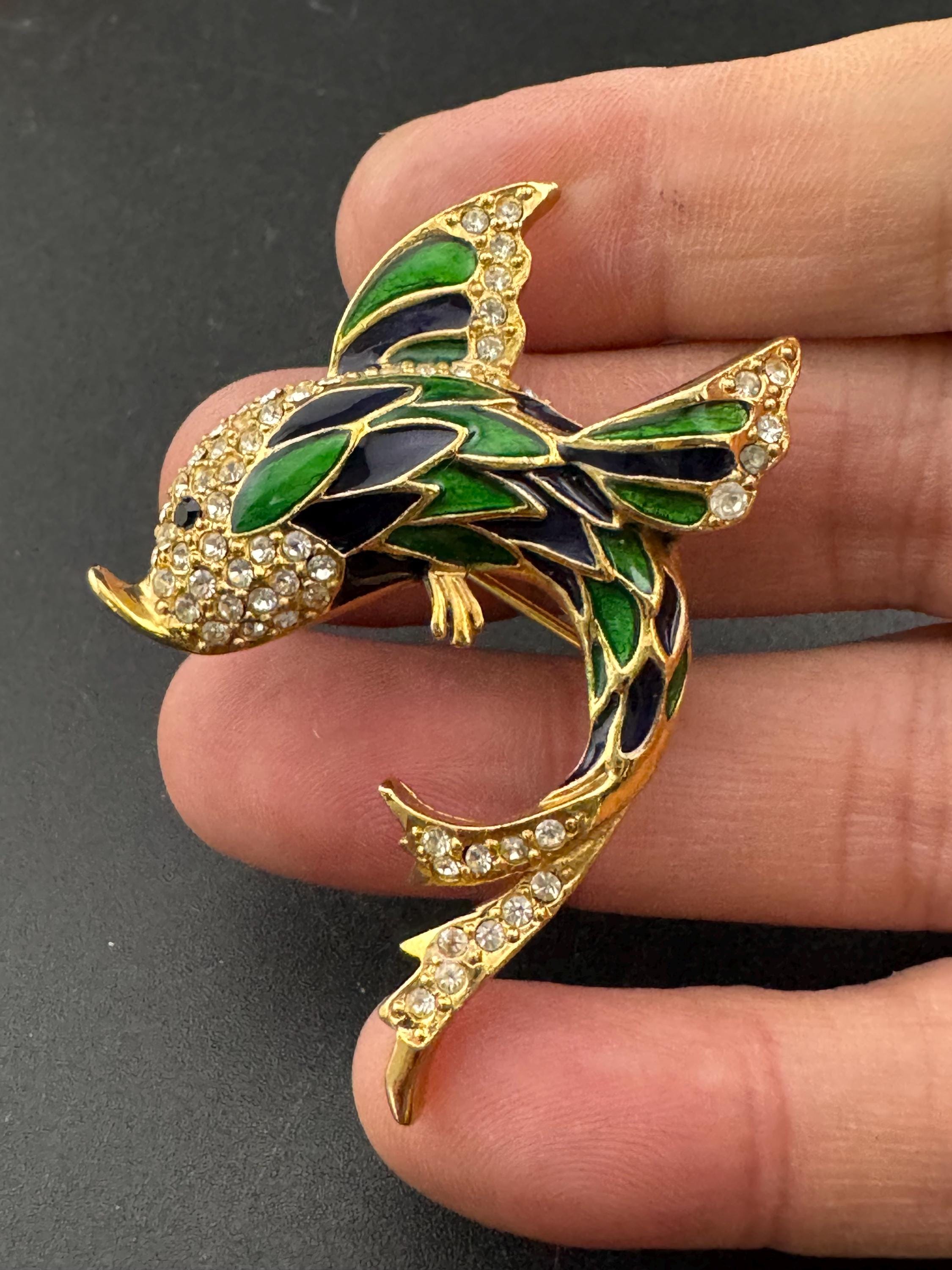 1980s very stylish gold tone blue and Green enamel crystal rhinestone fish Brooch