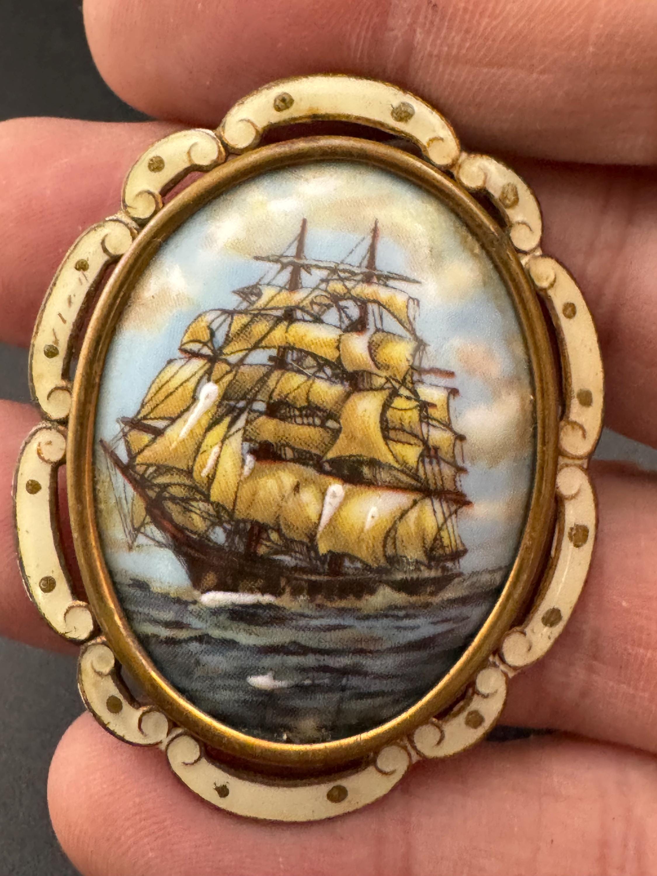 antique enamelled large oval painted sailing ship galleon brooch combination pendant
