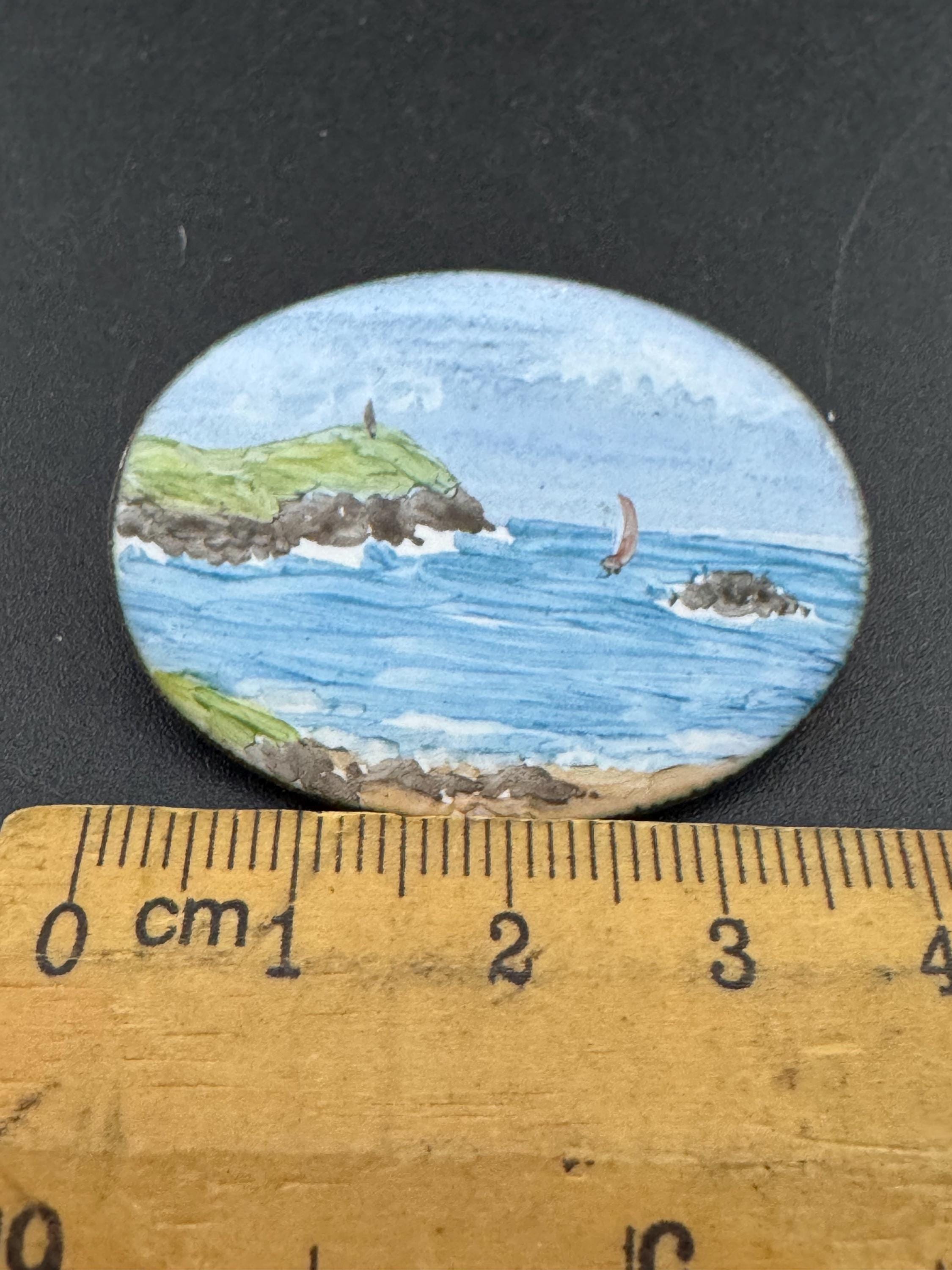 Vintage enamelled oval hand painted seascape nautical seaside summer brooch 5cm