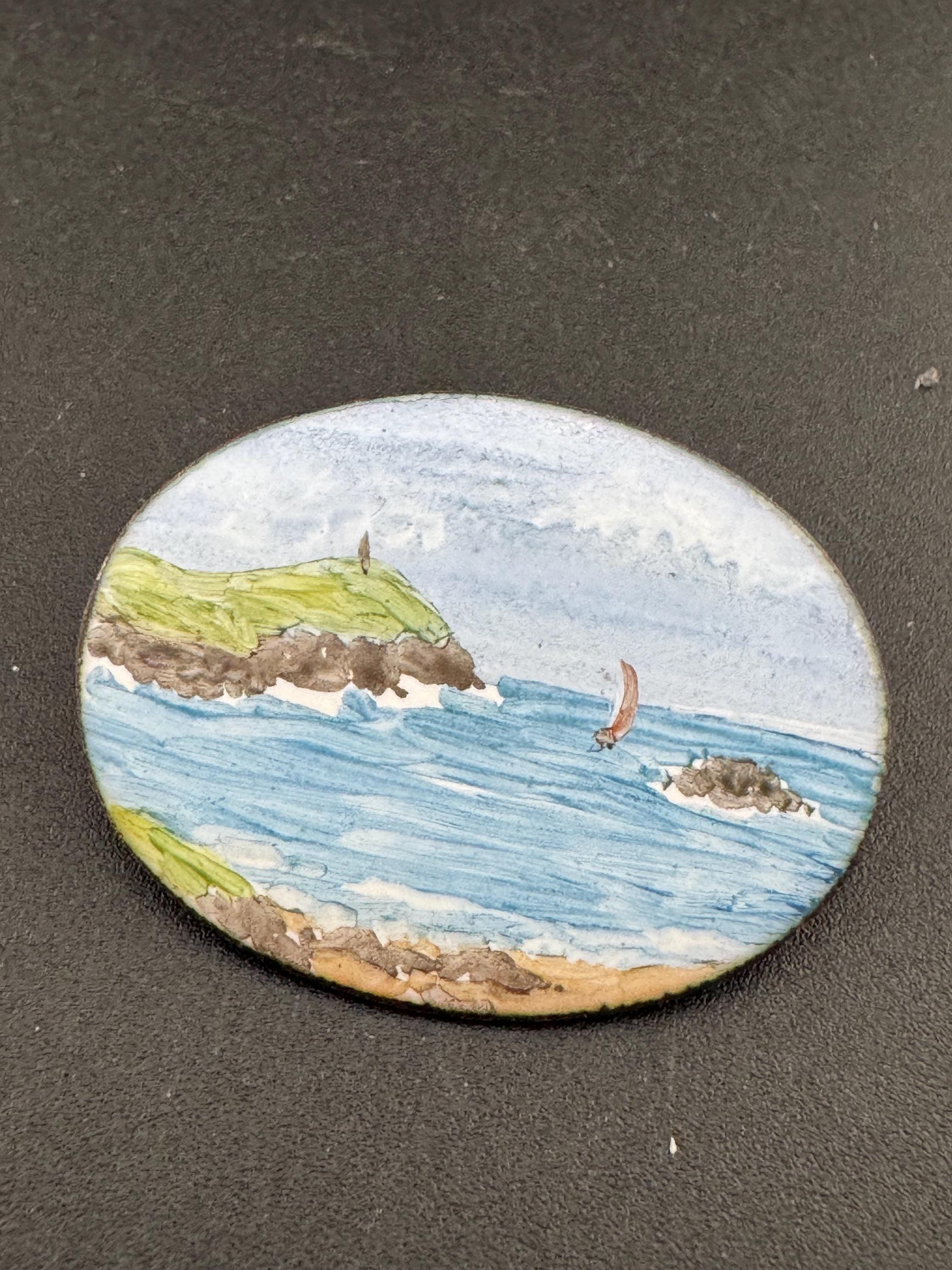 Vintage enamelled oval hand painted seascape nautical seaside summer brooch 5cm
