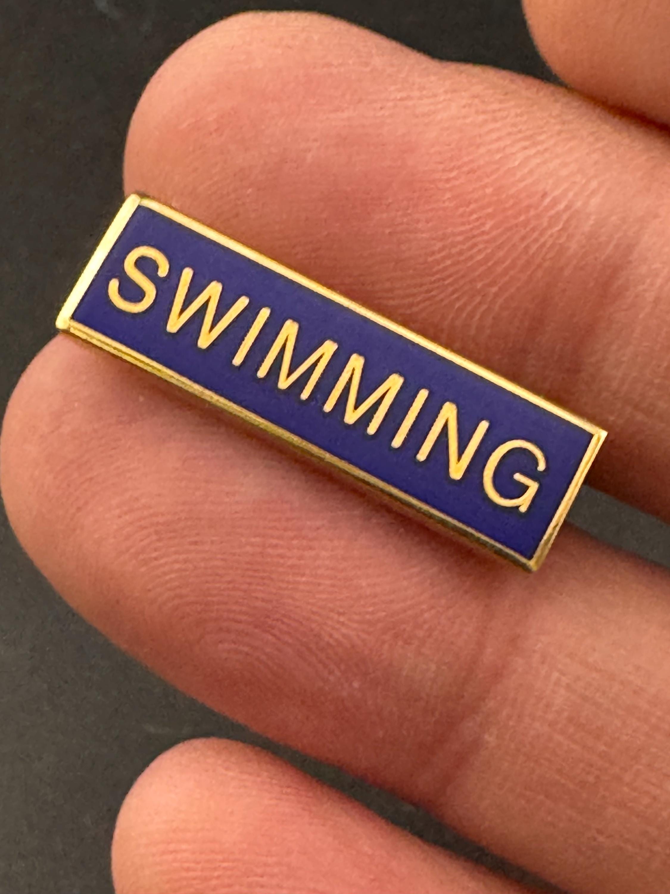 Vintage retro small blue enamel brass swimming old school badge pin brooch