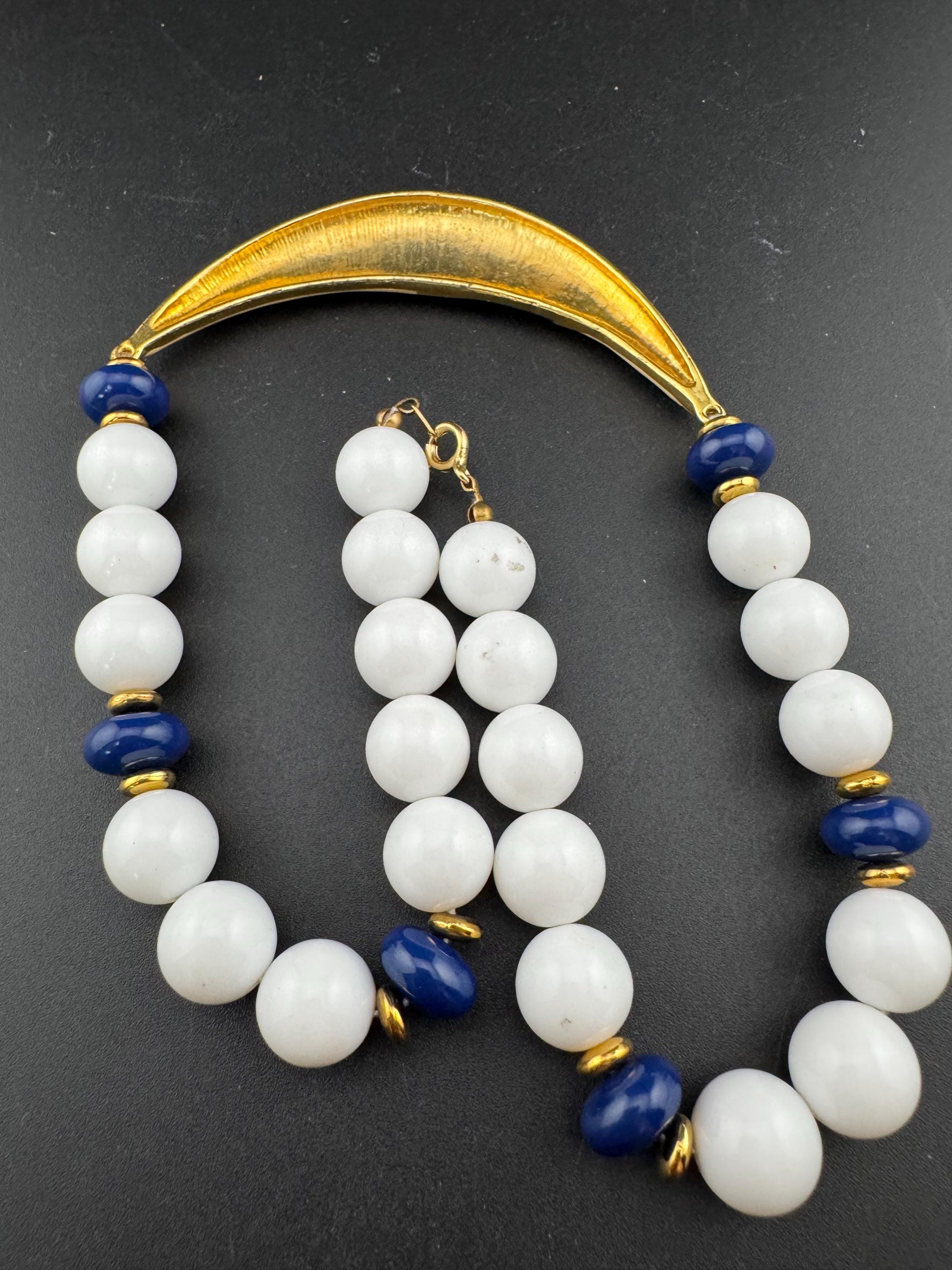 Vintage blue, beige and white enamel beaded plastic necklace, nautical style